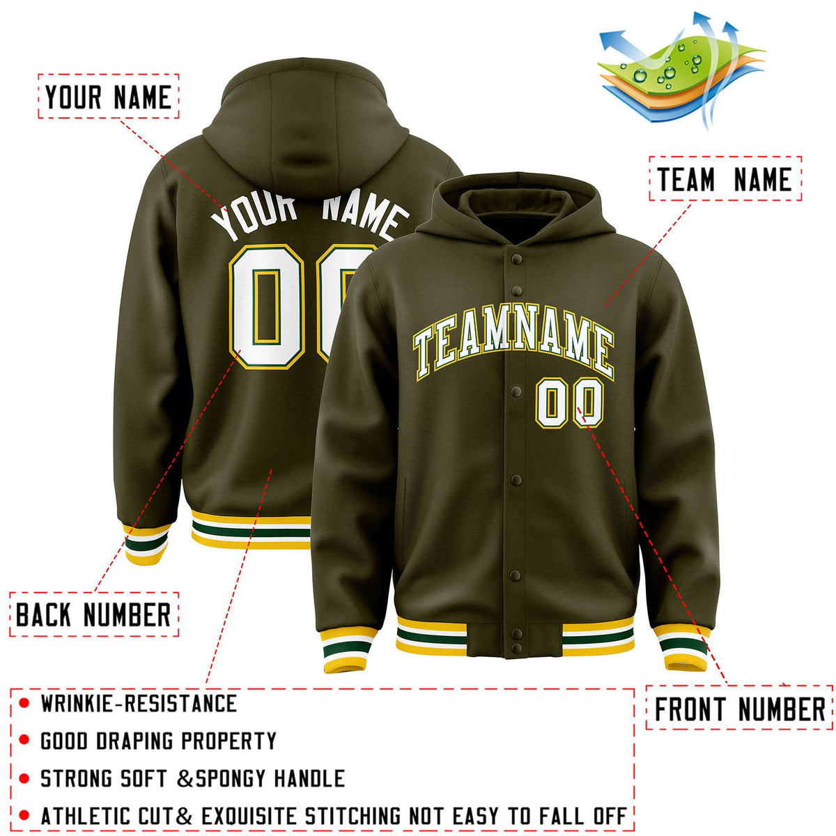 Custom Olive White-Green Varsity Full-Snap Letterman Classic Jacket Hoodie| KXKSHOP