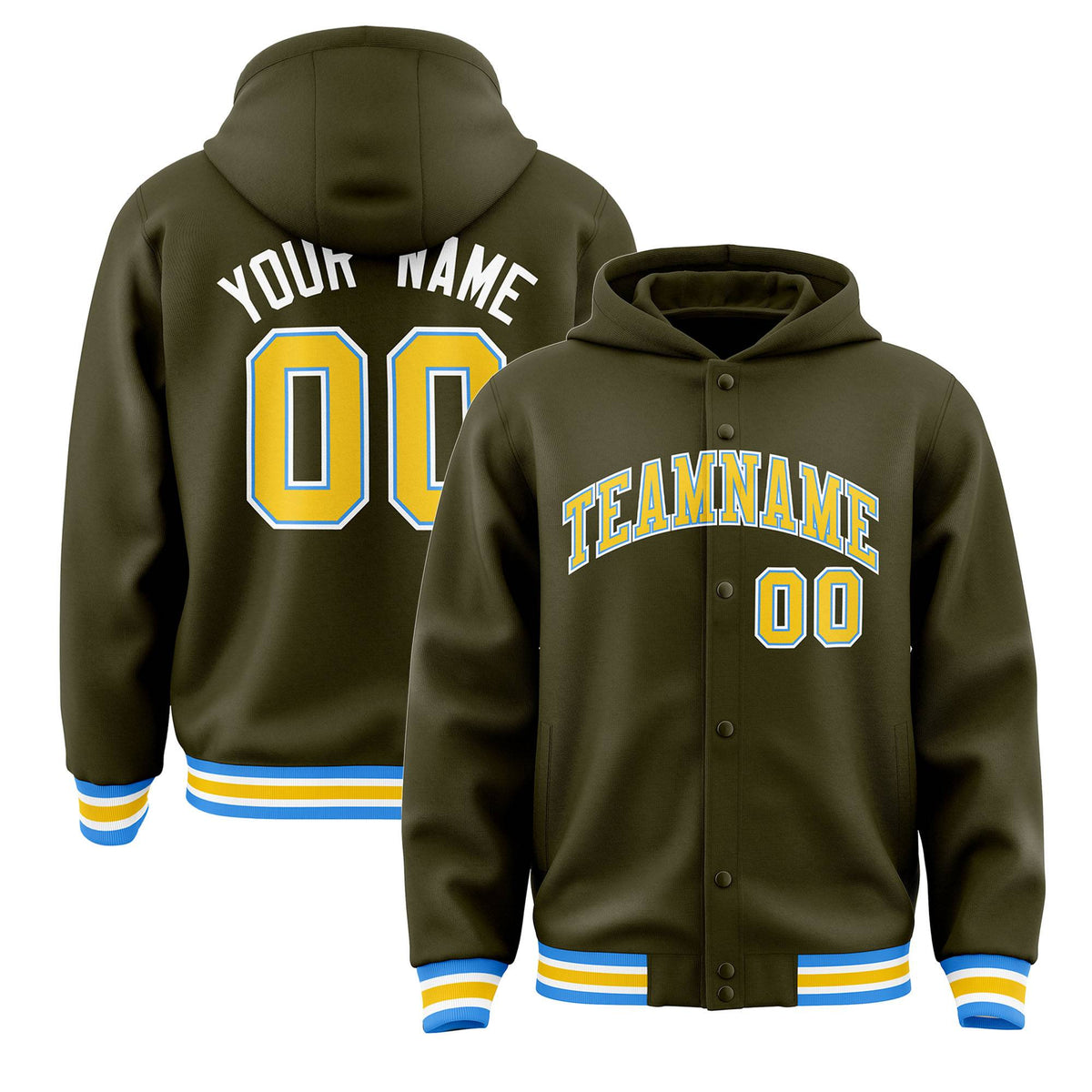 Custom Olive Gold-Powder Blue Varsity Full-Snap Letterman Classic Jacket Hoodie| KXKSHOP