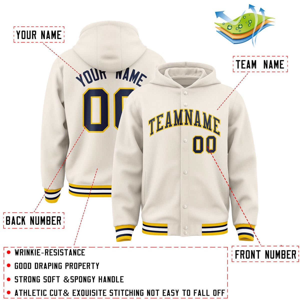 Custom Cream Navy-Gold Varsity Full-Snap Letterman Classic Jacket Hoodie| KXKSHOP