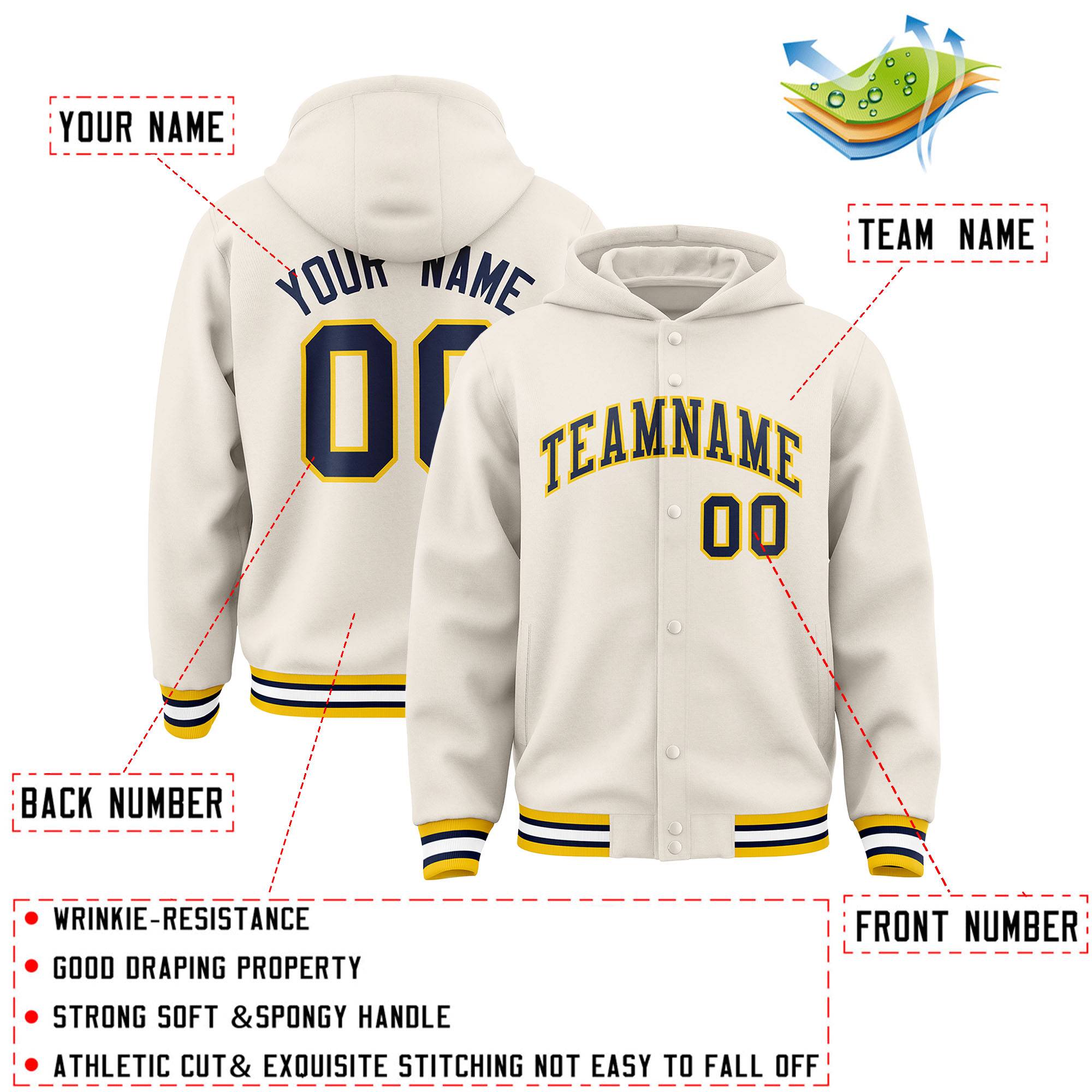 Custom Cream Navy-Gold Varsity Full-Snap Letterman Classic Jacket Hoodie| KXKSHOP