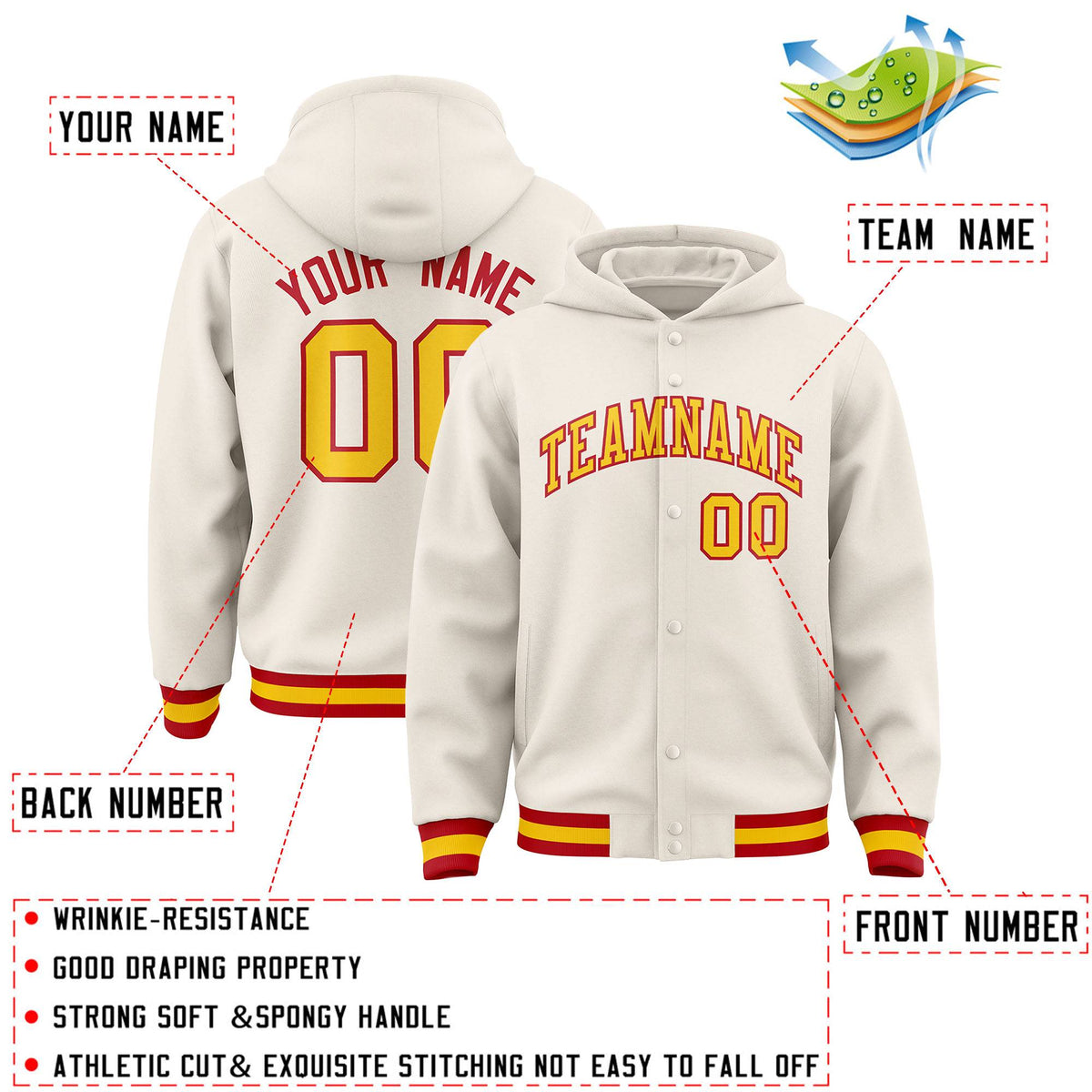 Custom Cream Gold-Red Varsity Full-Snap Letterman Classic Jacket Hoodie| KXKSHOP