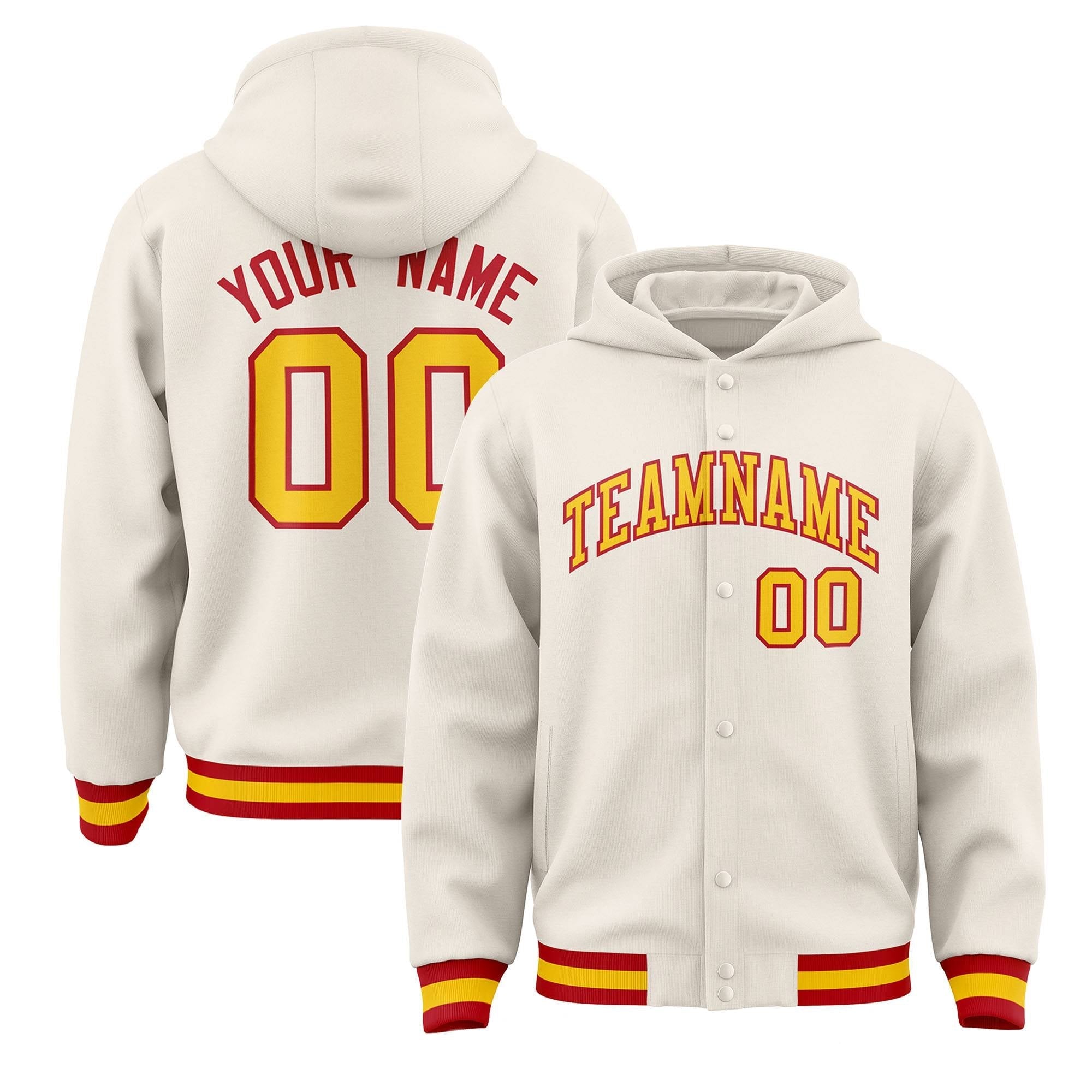 Custom Cream Gold-Red Varsity Full-Snap Letterman Classic Jacket Hoodie| KXKSHOP