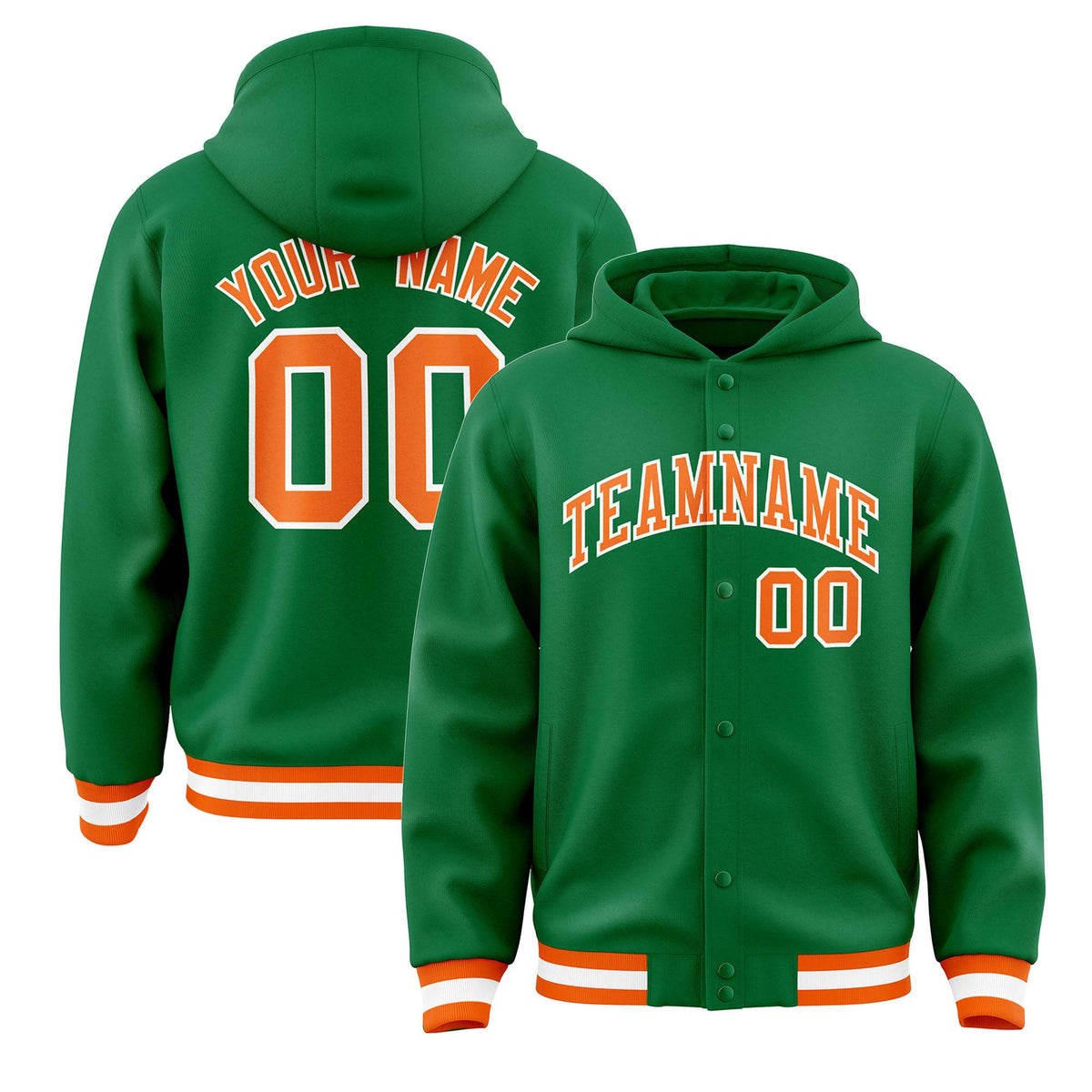 Custom Kelly Green Orange-White Varsity Full-Snap Letterman Classic Jacket Hoodie| KXKSHOP