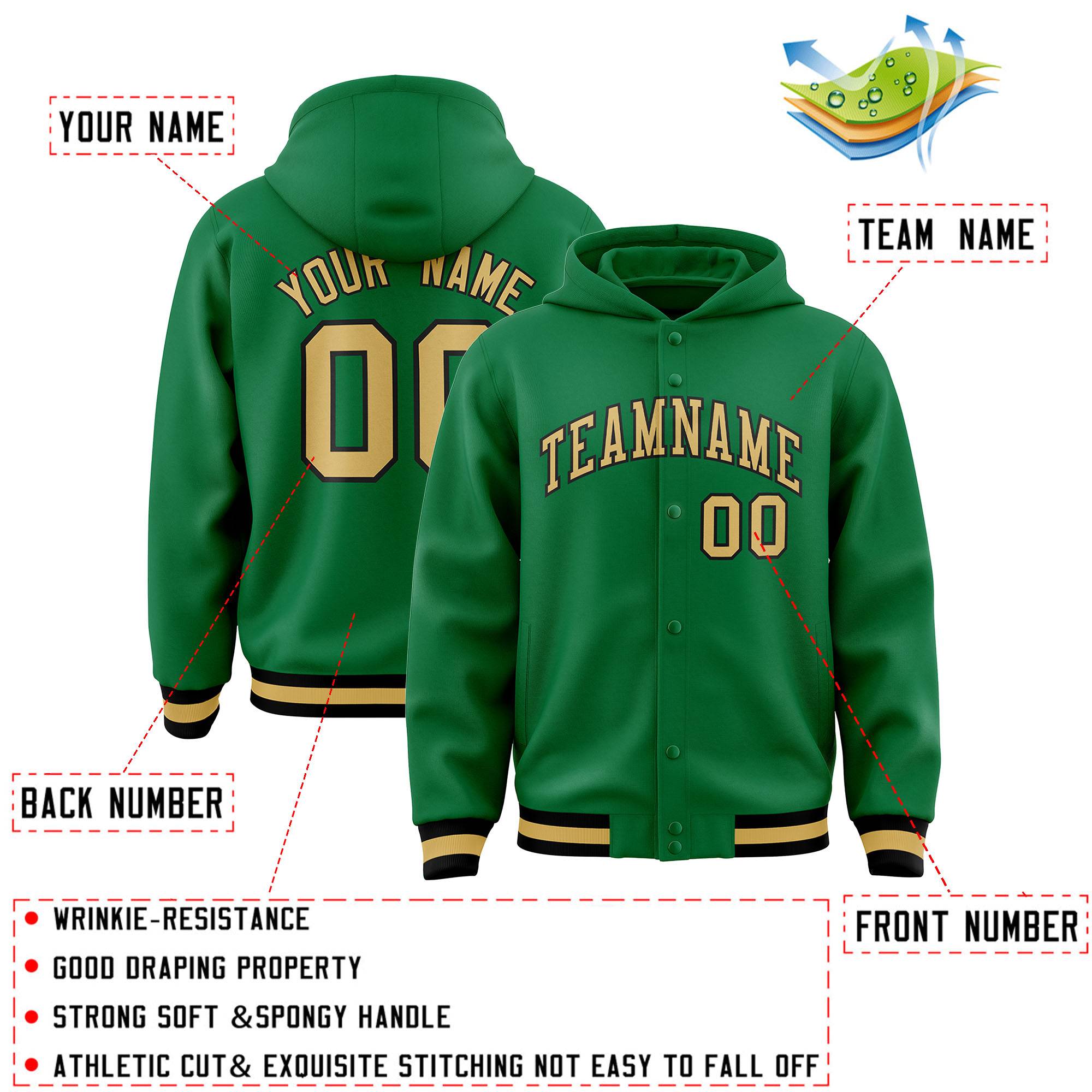 Custom Kelly Green Old Gold-Black Varsity Full-Snap Letterman Classic Jacket Hoodie| KXKSHOP
