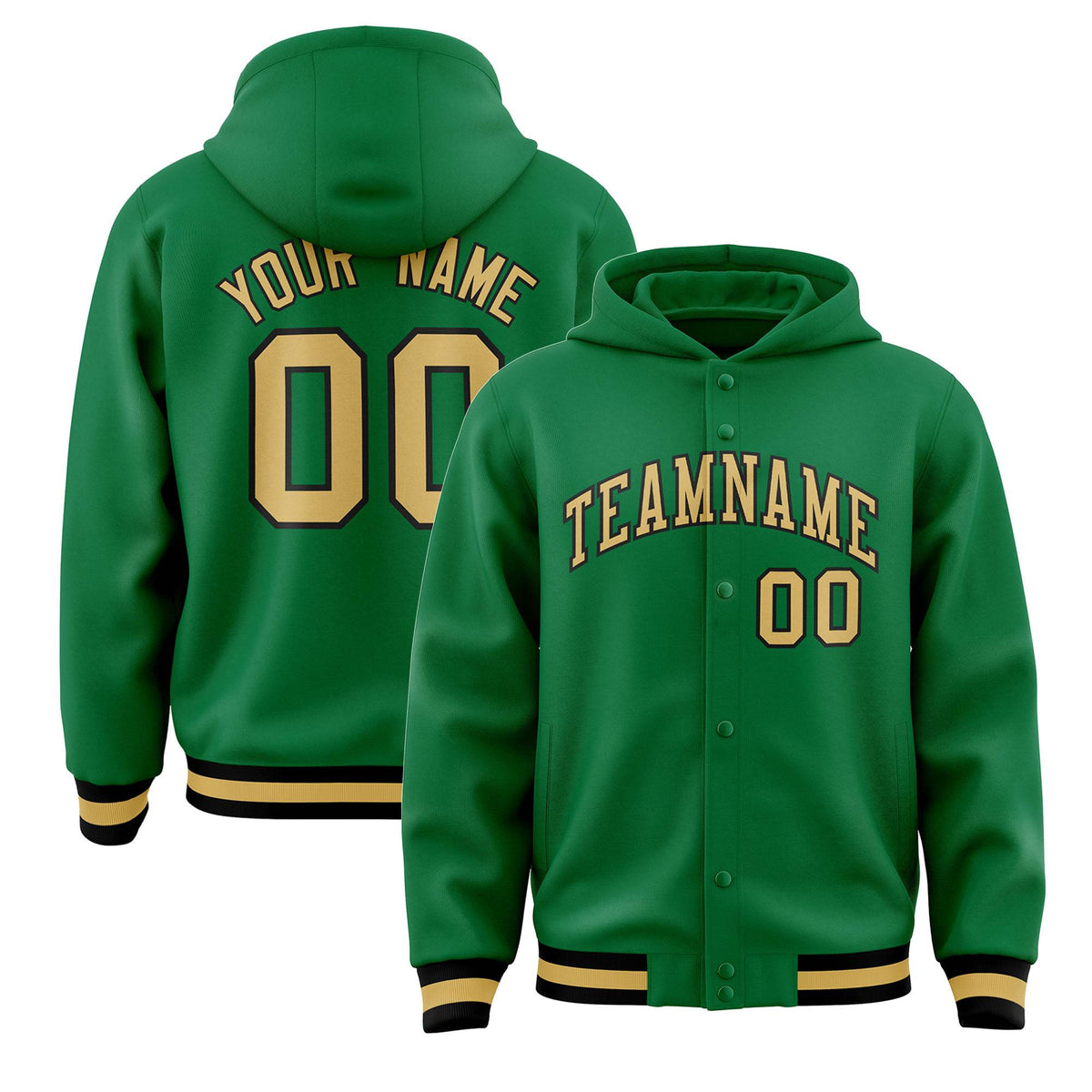 Custom Kelly Green Old Gold-Black Varsity Full-Snap Letterman Classic Jacket Hoodie| KXKSHOP