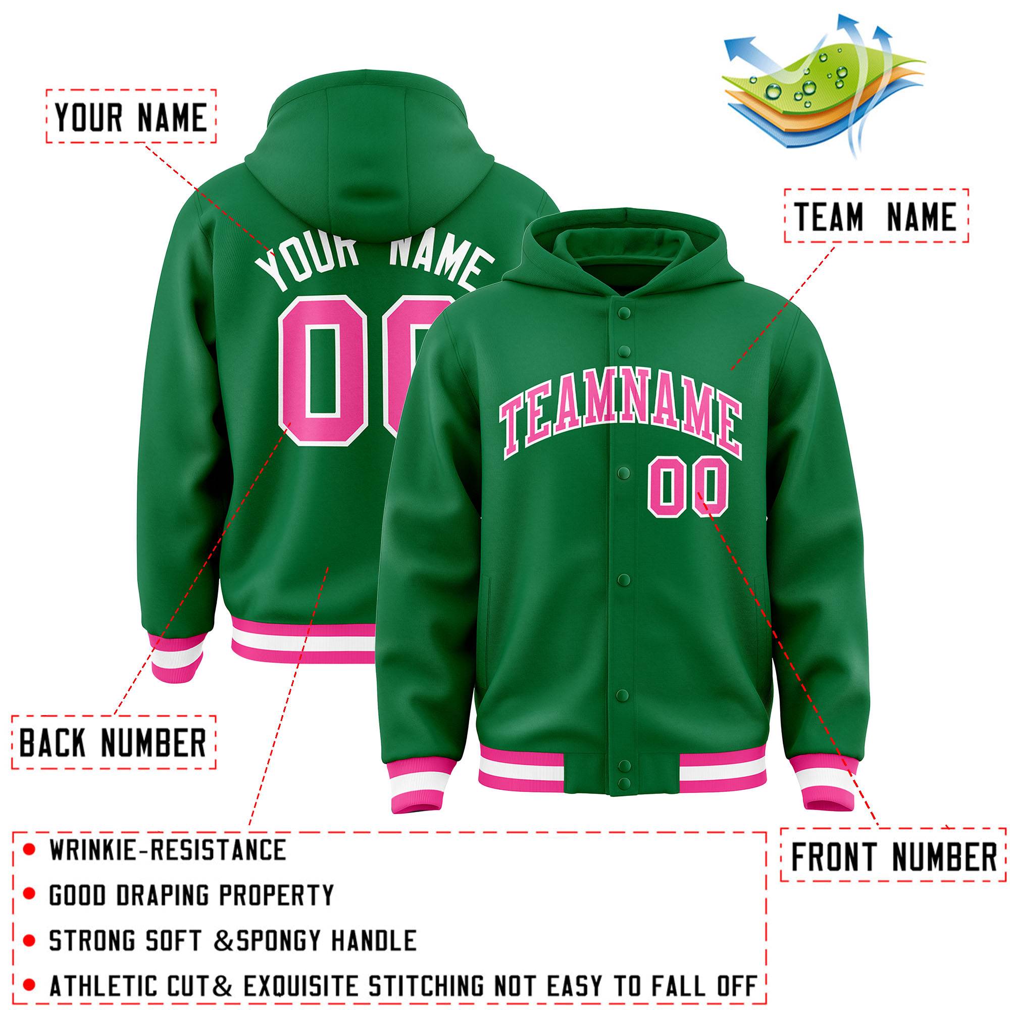 Custom Kelly Green Pink-White Varsity Full-Snap Letterman Classic Jacket Hoodie| KXKSHOP