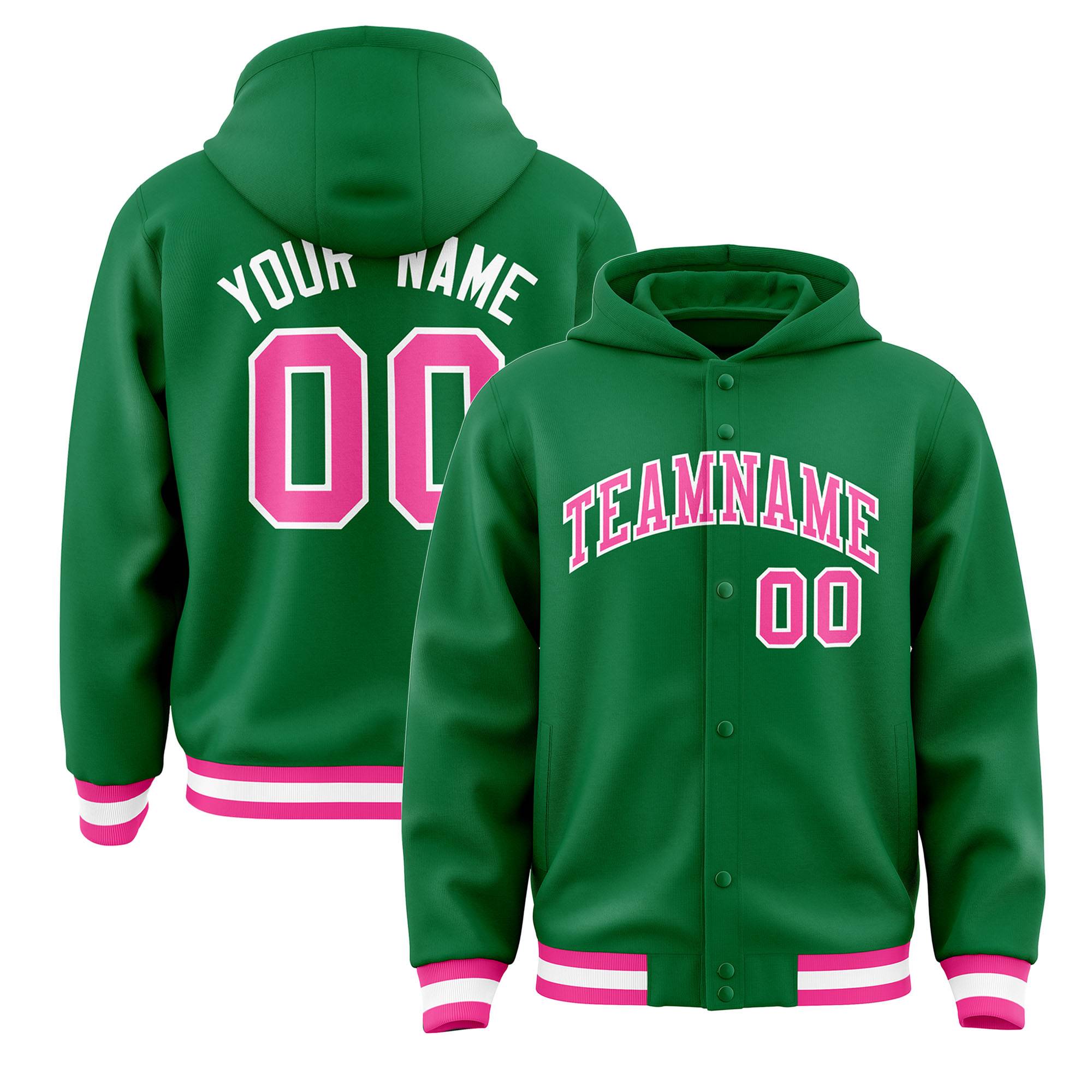 Custom Kelly Green Pink-White Varsity Full-Snap Letterman Classic Jacket Hoodie| KXKSHOP