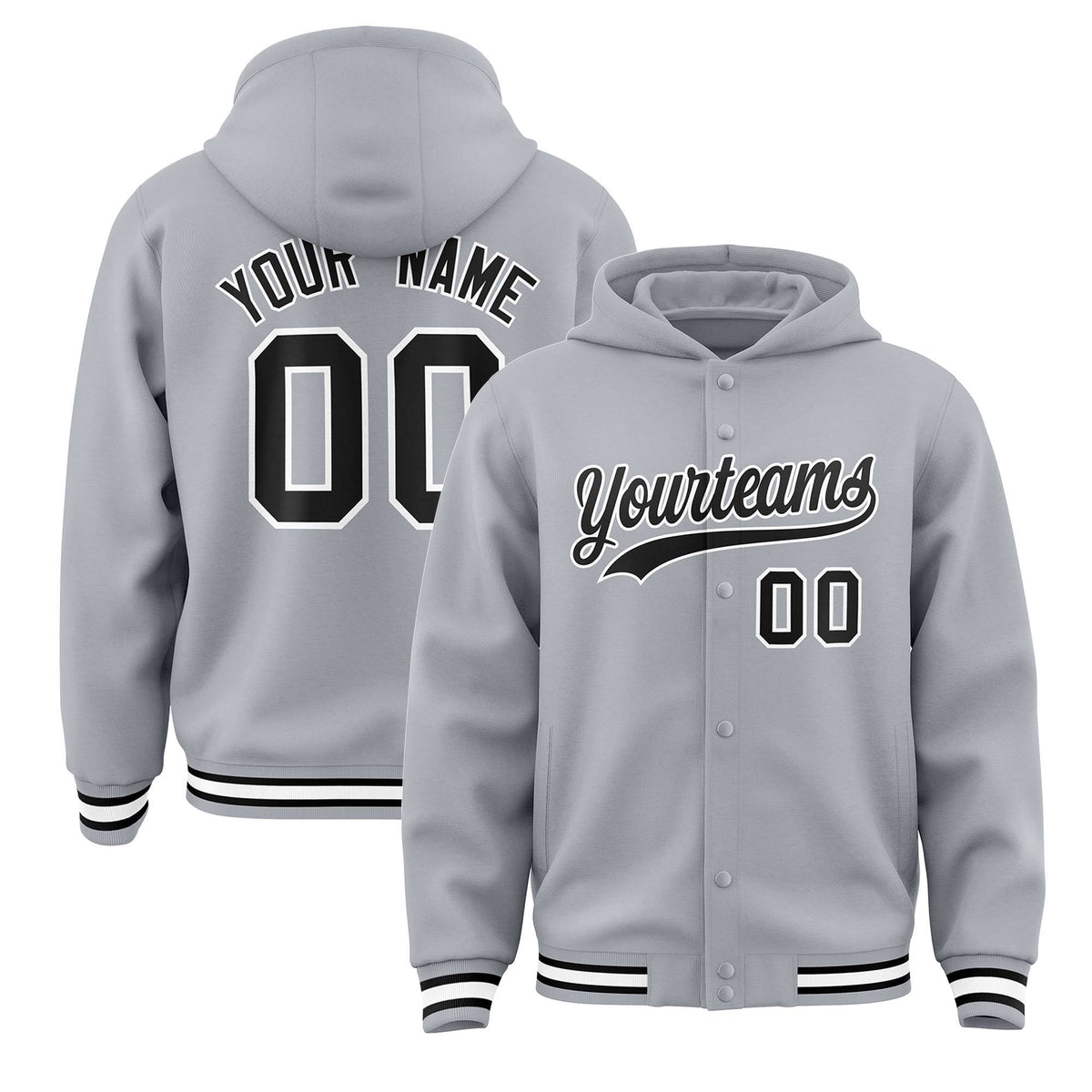 Custom Gray Black-White Varsity Full-Snap Letterman Classic Jacket Hoodie| KXKSHOP