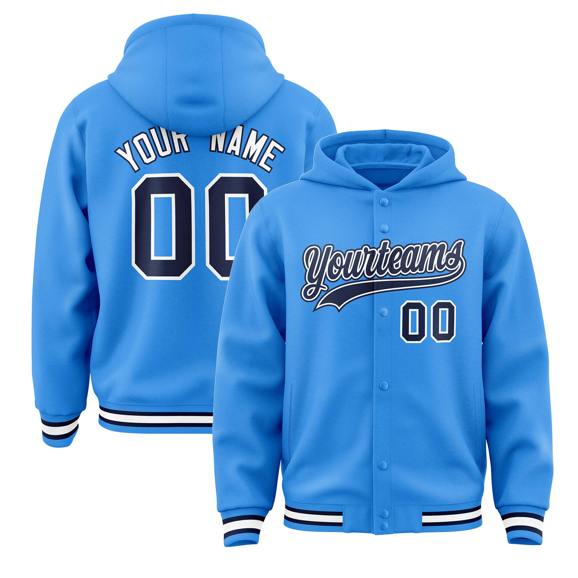 Custom Powder Blue Navy-White Varsity Full-Snap Letterman Classic Jacket Hoodie| KXKSHOP