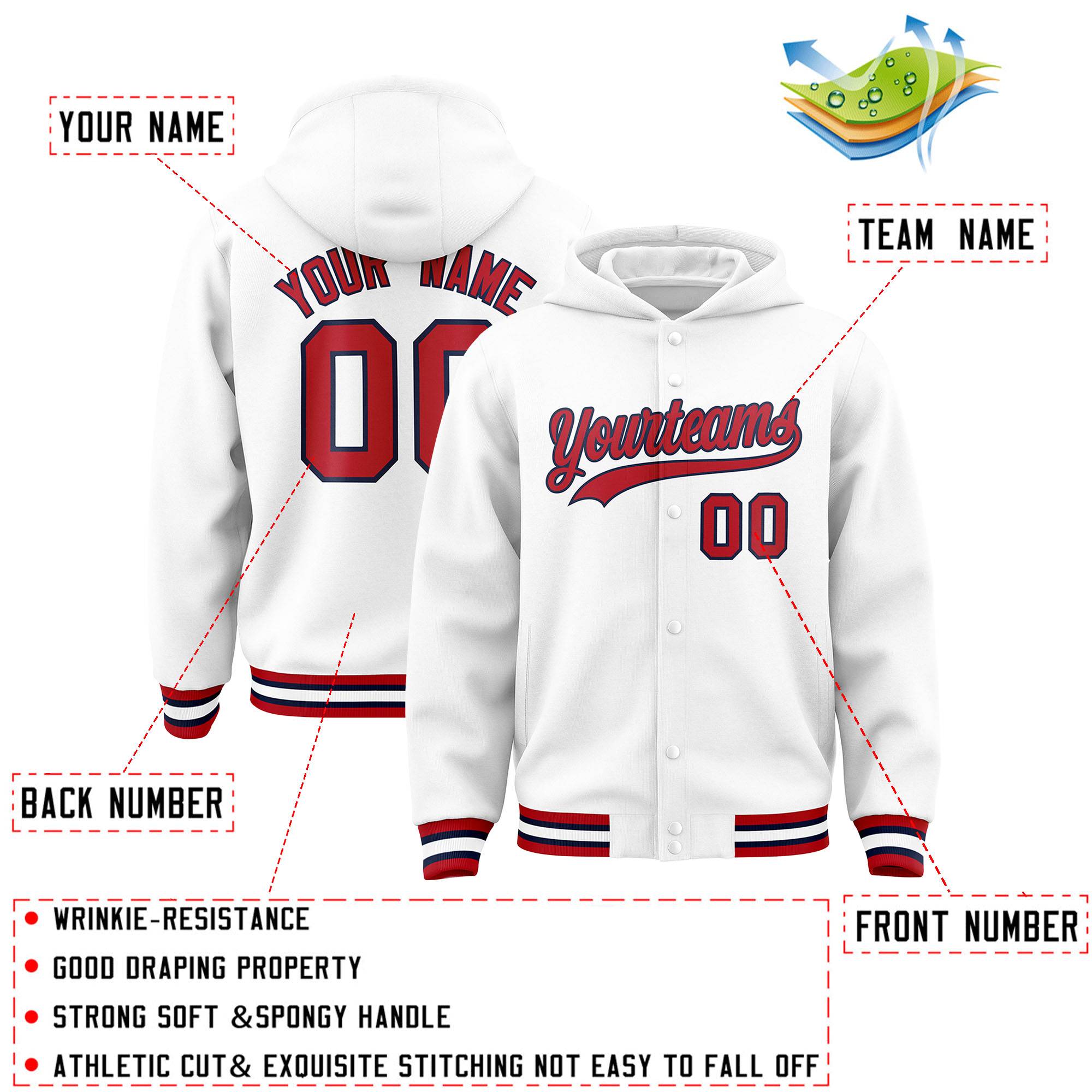 Custom White Red-Navy Varsity Full-Snap Letterman Classic Jacket Hoodie| KXKSHOP