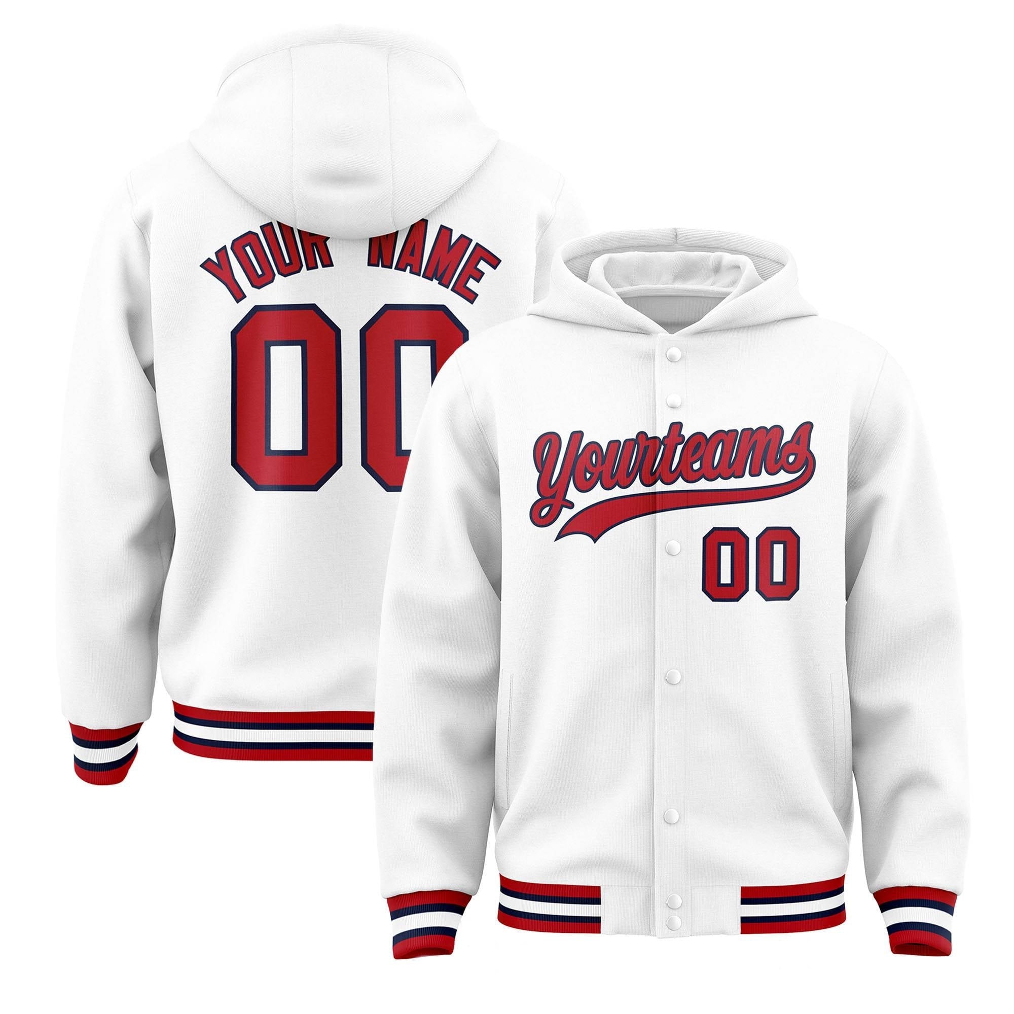 Custom White Red-Navy Varsity Full-Snap Letterman Classic Jacket Hoodie| KXKSHOP