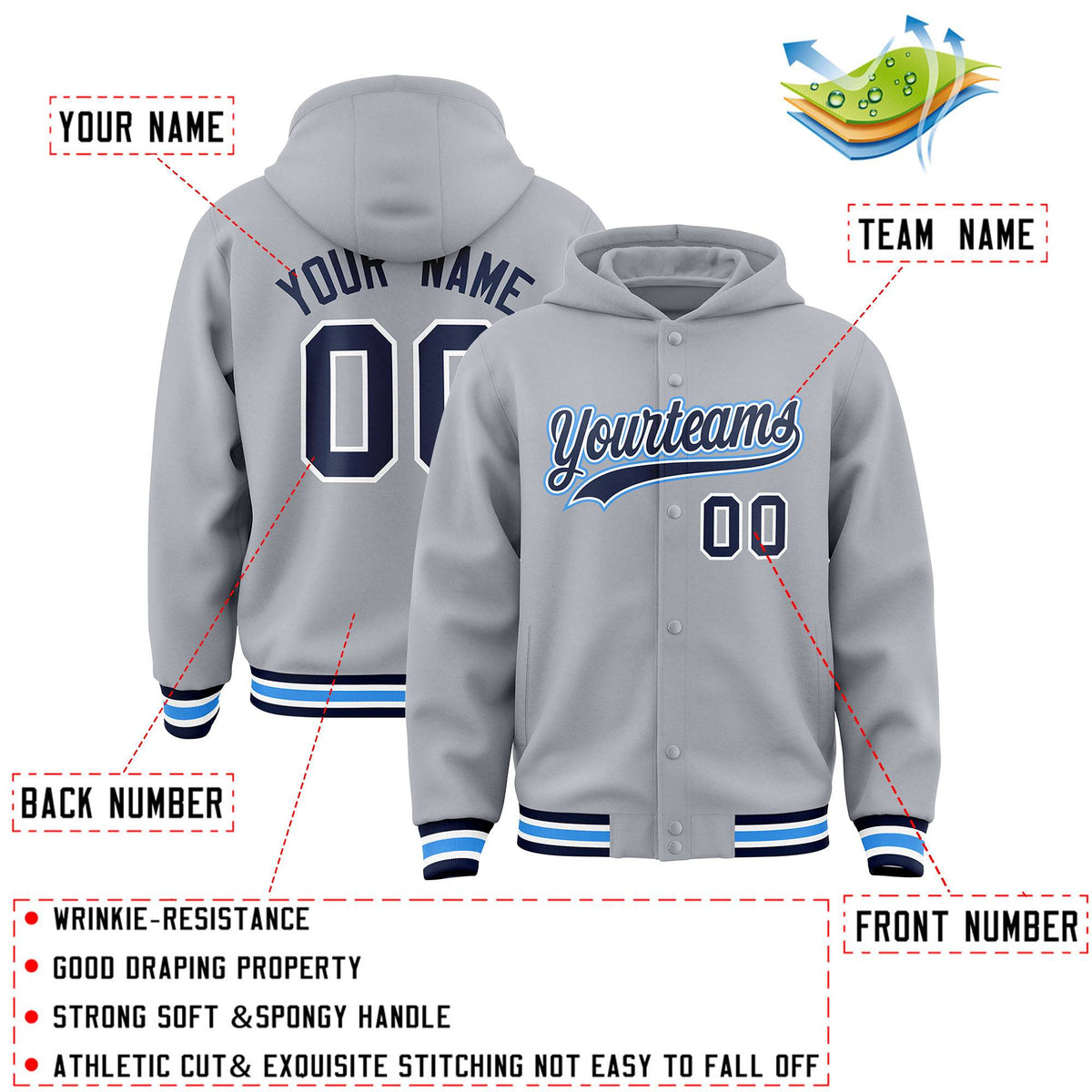 Custom Gray Navy-White Varsity Full-Snap Letterman Classic Jacket Hoodie| KXKSHOP