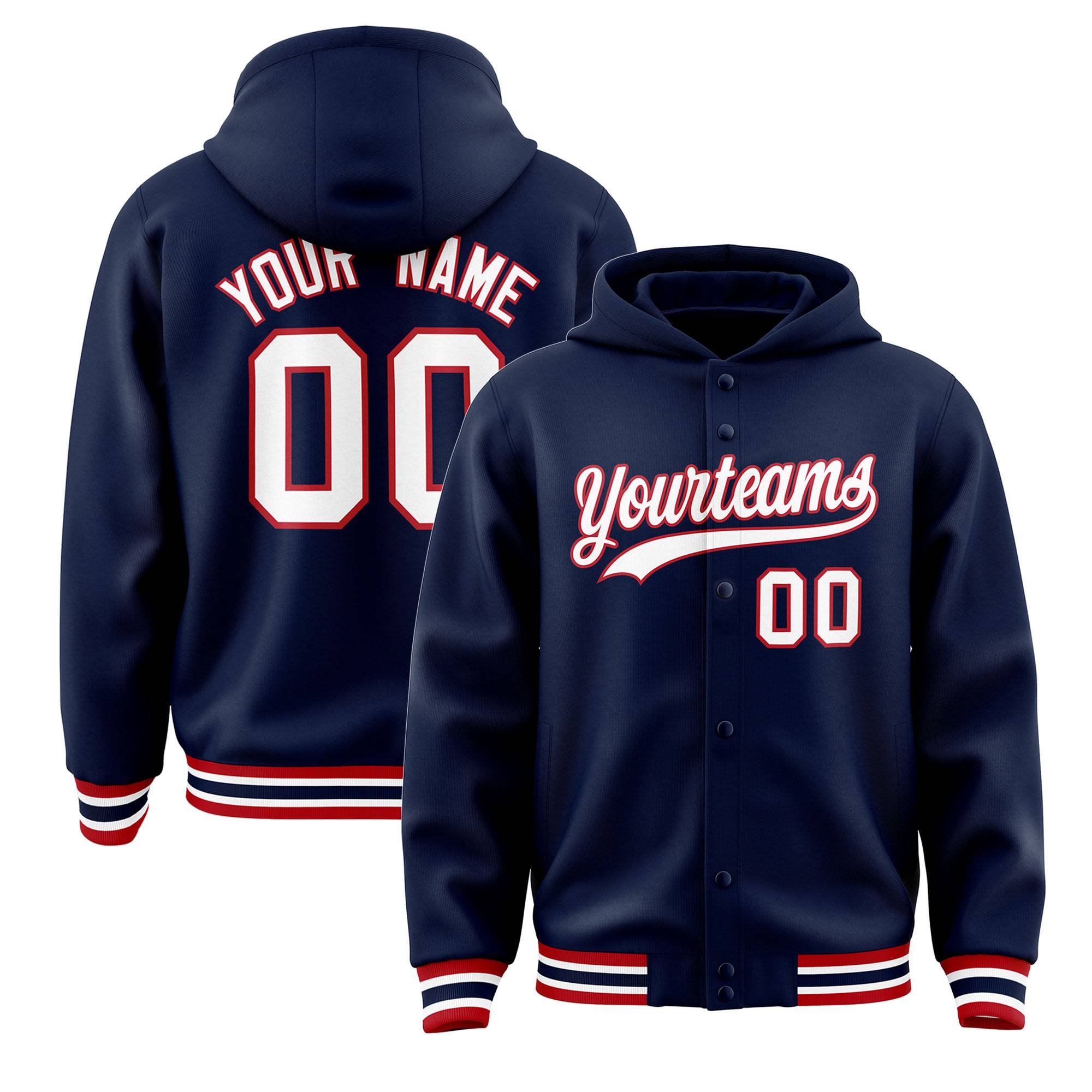 Custom Navy White-Red Varsity Full-Snap Letterman Classic Jacket Hoodie| KXKSHOP