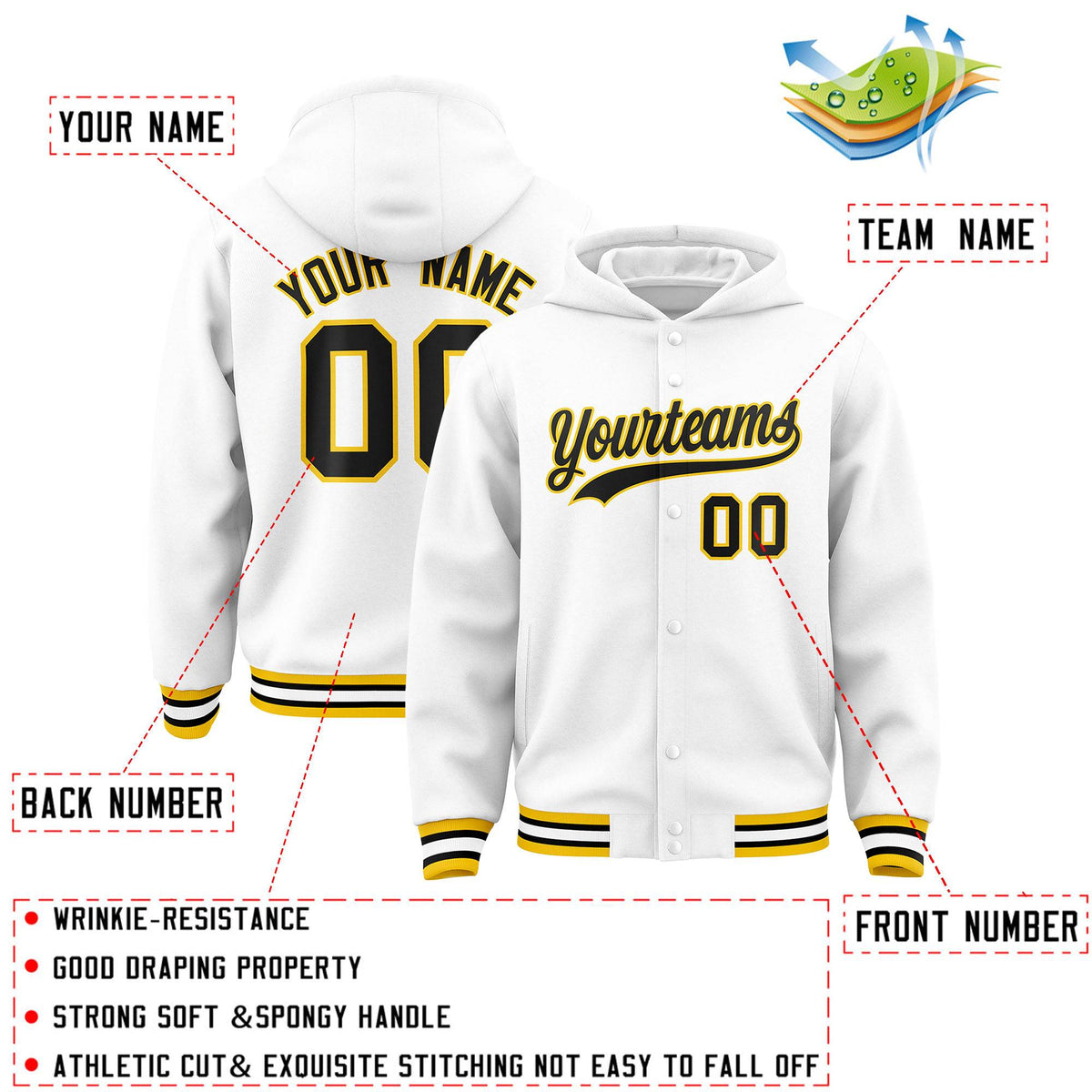 Custom White Black-Gold Varsity Full-Snap Letterman Classic Jacket Hoodie| KXKSHOP
