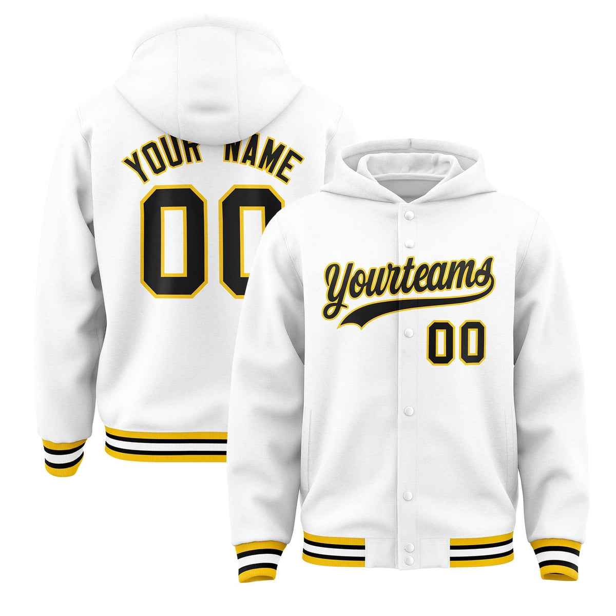 Custom White Black-Gold Varsity Full-Snap Letterman Classic Jacket Hoodie| KXKSHOP
