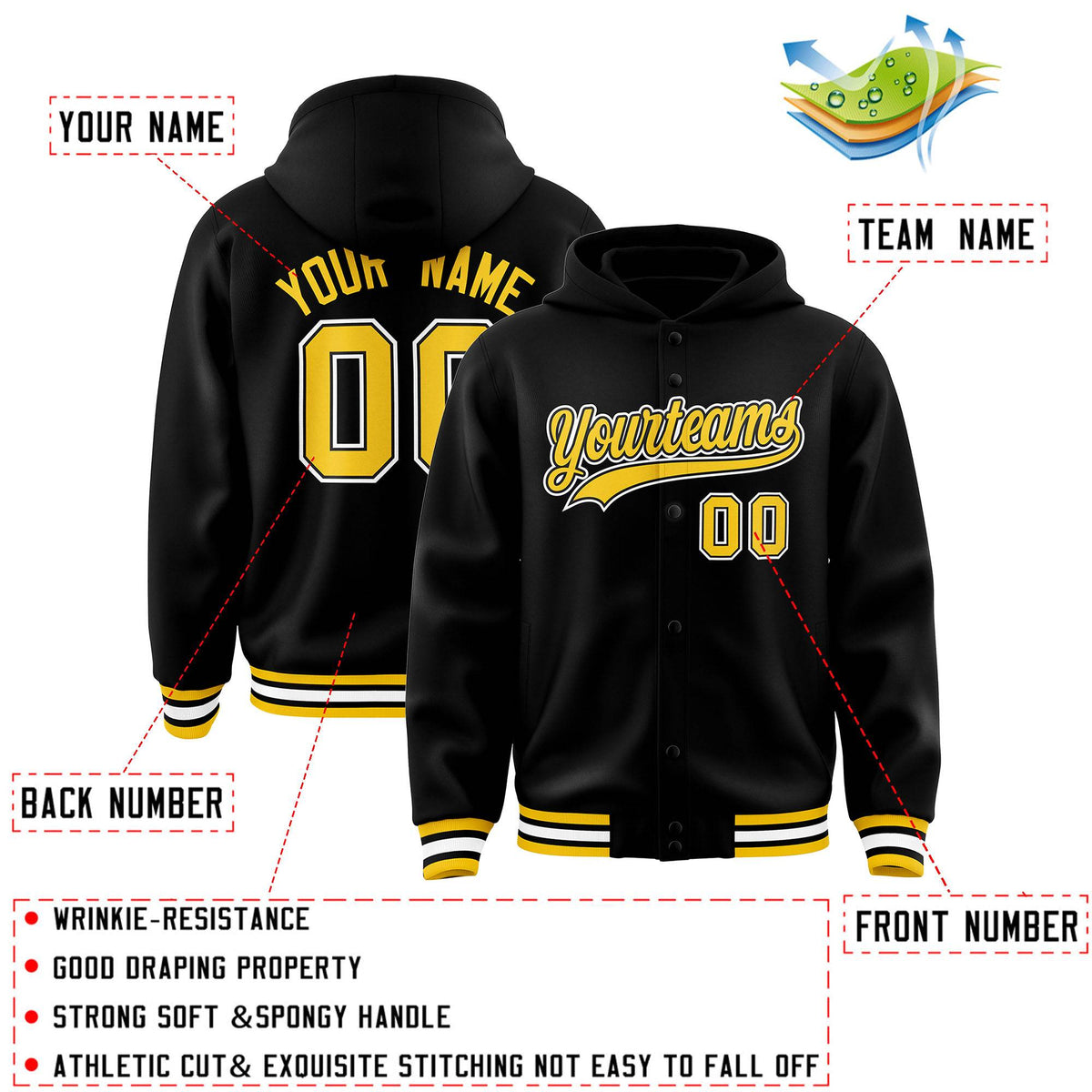 Custom Black Gold-Black Varsity Full-Snap Letterman Classic Jacket Hoodie| KXKSHOP