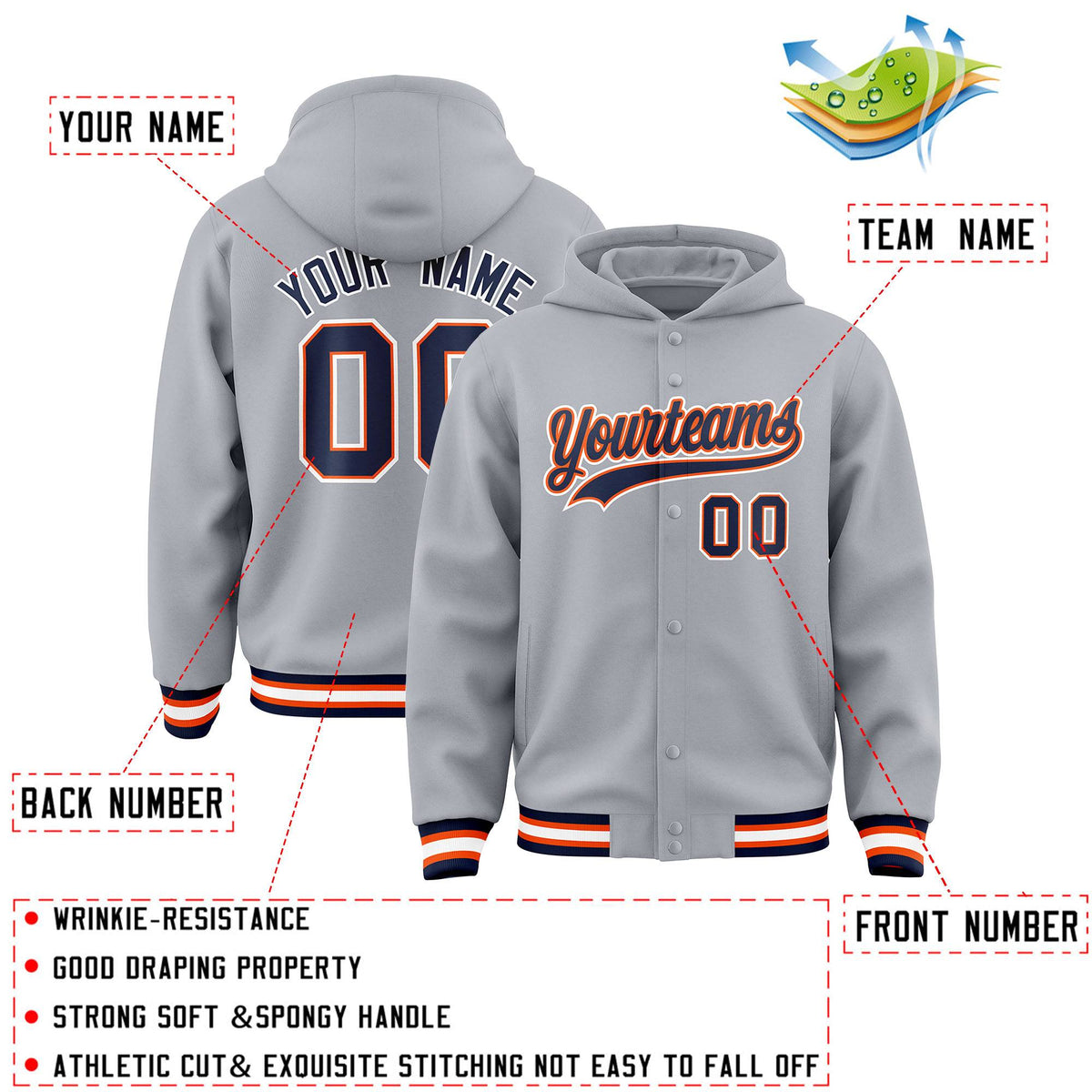 Custom Gray Navy-Orange Varsity Full-Snap Letterman Classic Jacket Hoodie| KXKSHOP