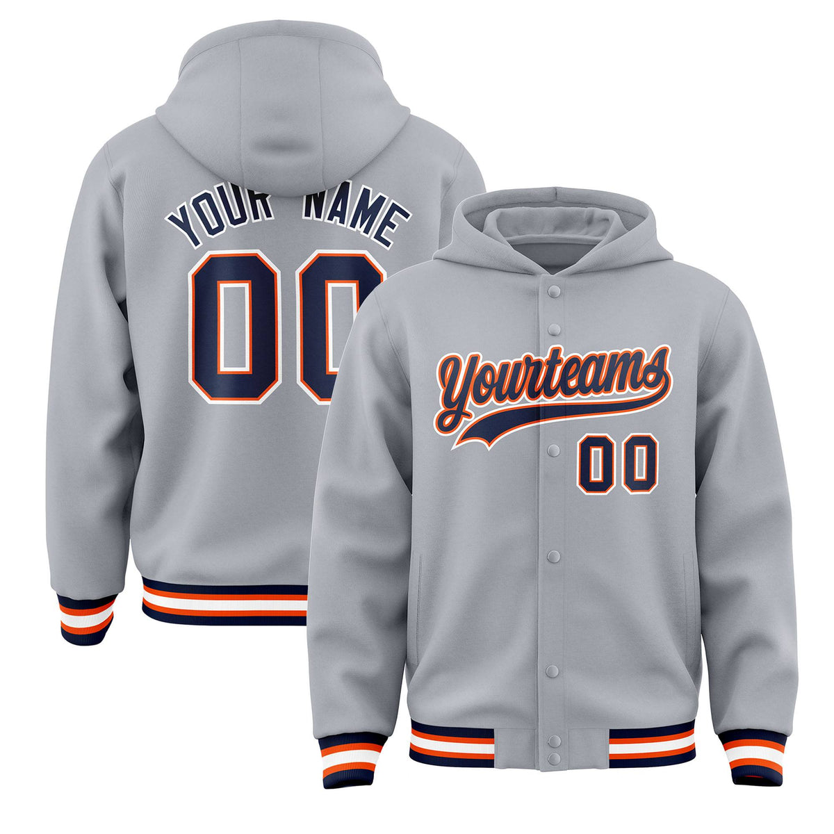 Custom Gray Navy-Orange Varsity Full-Snap Letterman Classic Jacket Hoodie| KXKSHOP