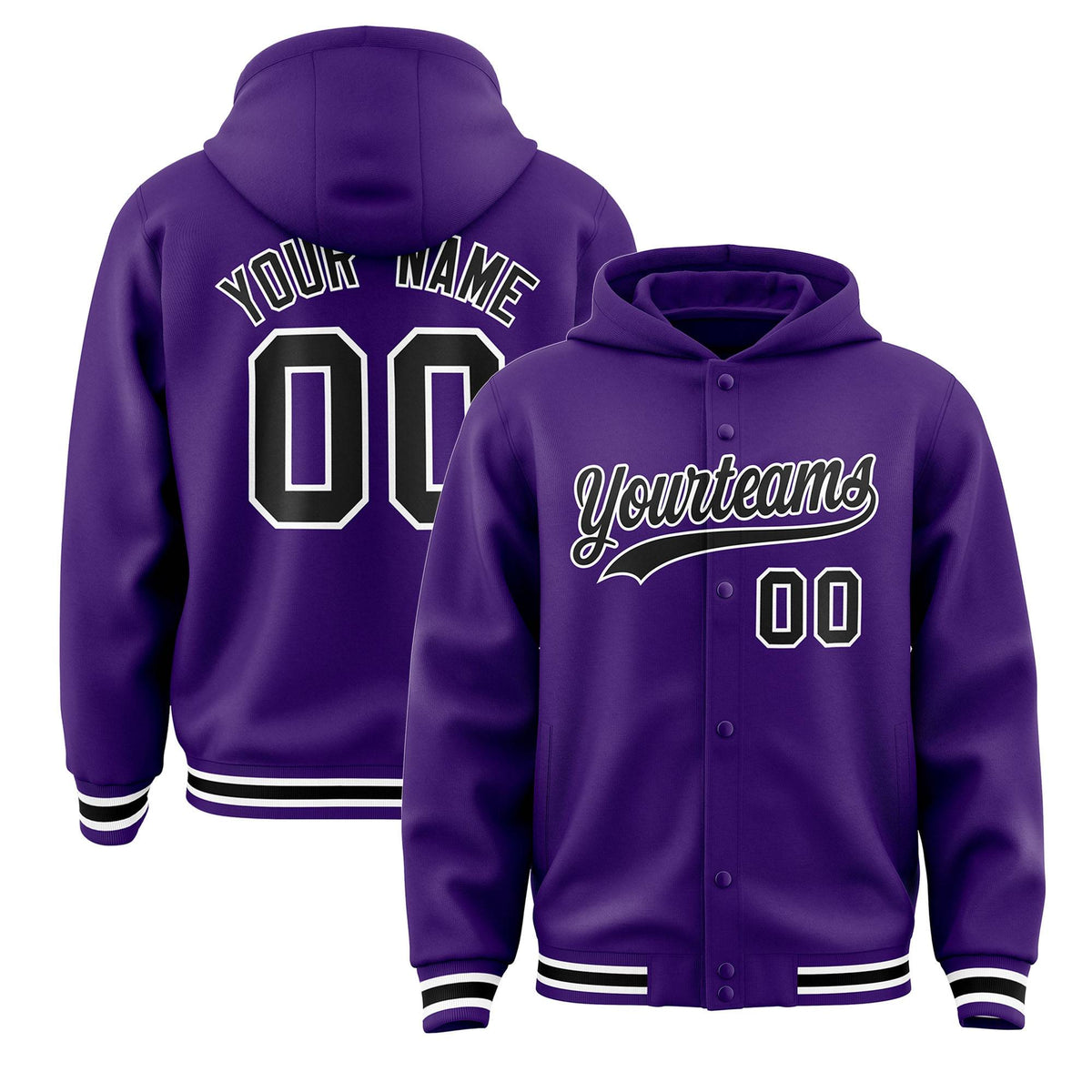 Custom Purple Black-White Varsity Full-Snap Letterman Classic Jacket Hoodie| KXKSHOP
