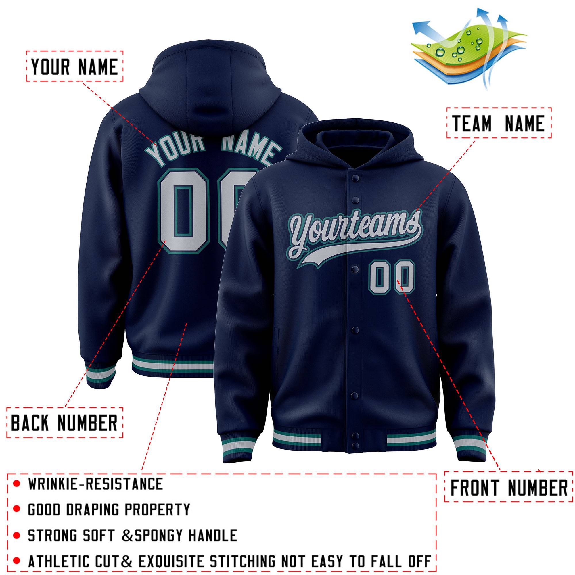 Custom Navy Gray-Navy Varsity Full-Snap Letterman Classic Jacket Hoodie| KXKSHOP