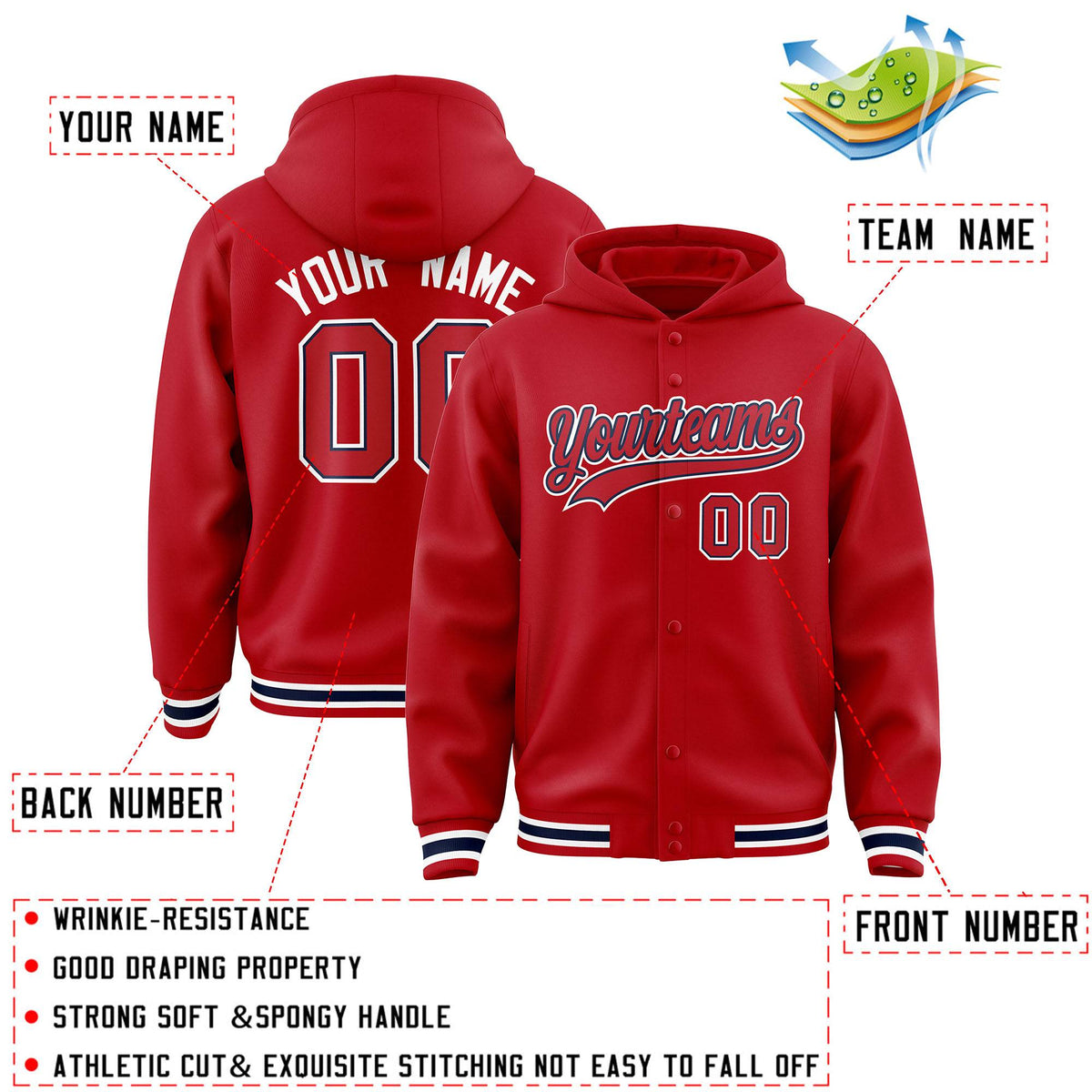 Custom Red Red-Navy Varsity Full-Snap Letterman Classic Jacket Hoodie| KXKSHOP
