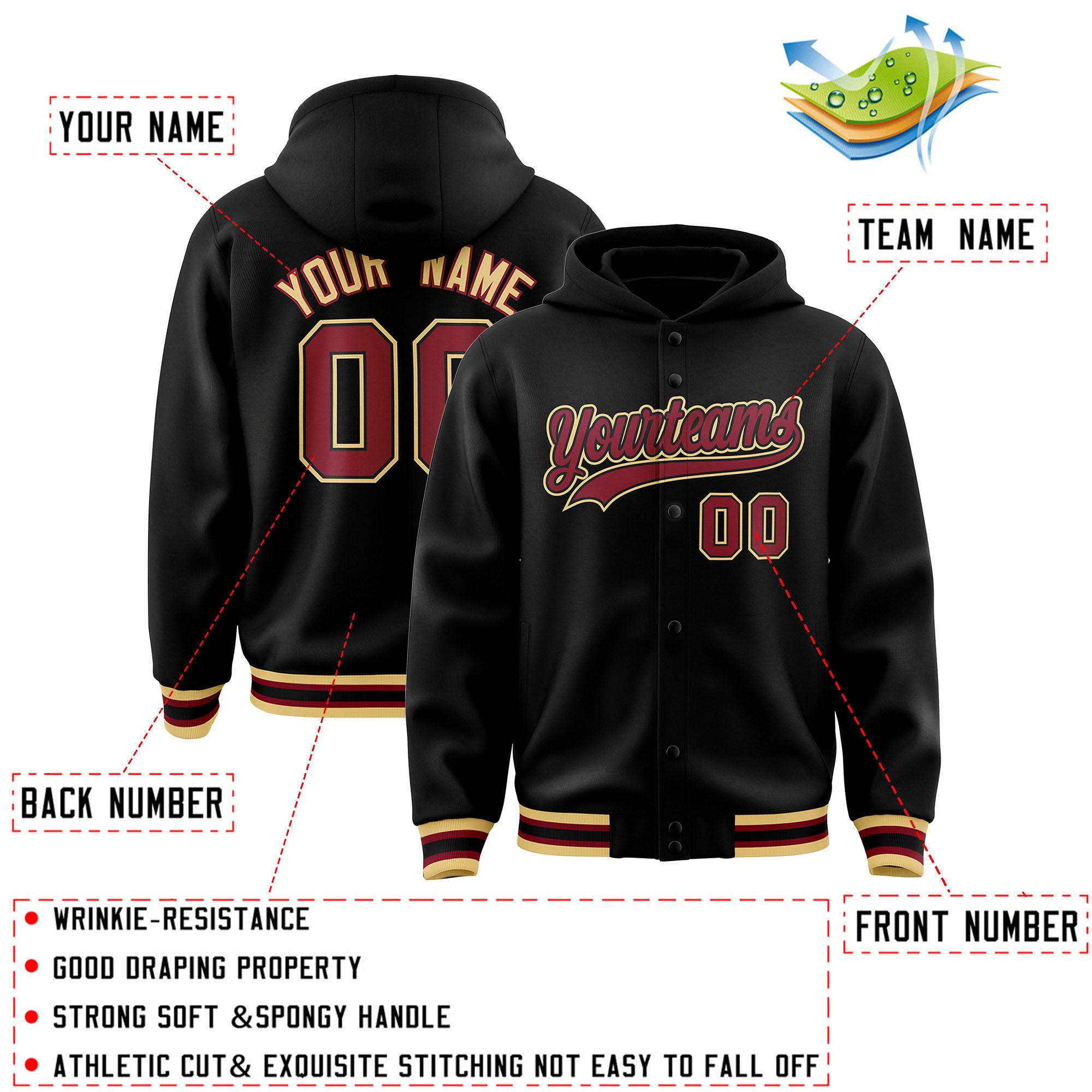Custom Black Crimson-Black Varsity Full-Snap Letterman Classic Jacket Hoodie| KXKSHOP