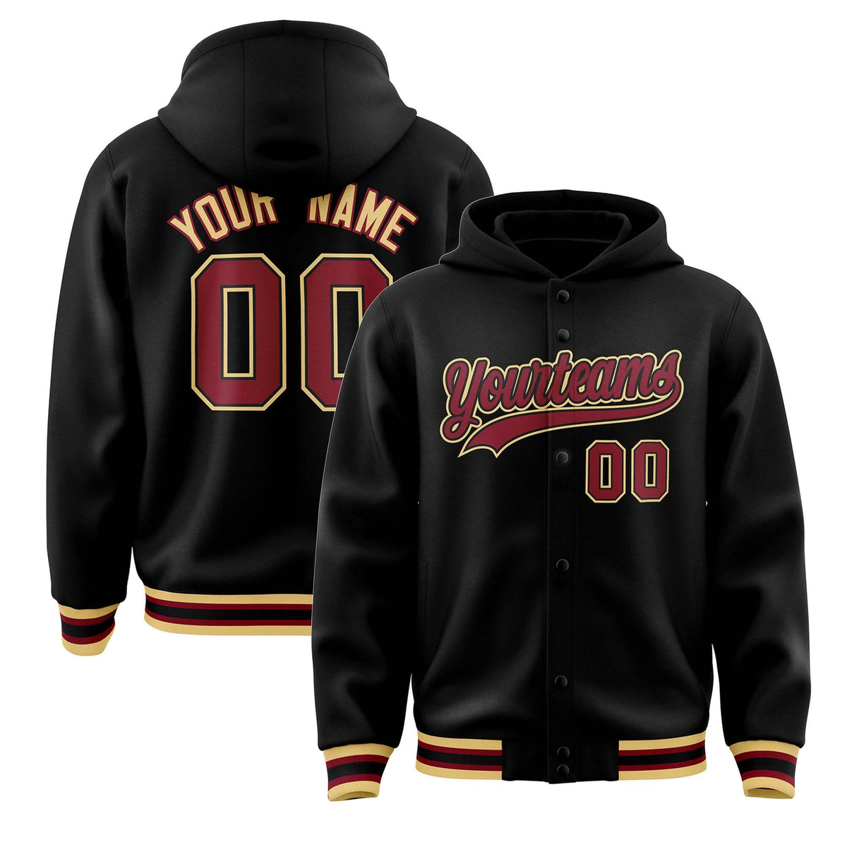 Custom Black Crimson-Black Varsity Full-Snap Letterman Classic Jacket Hoodie| KXKSHOP