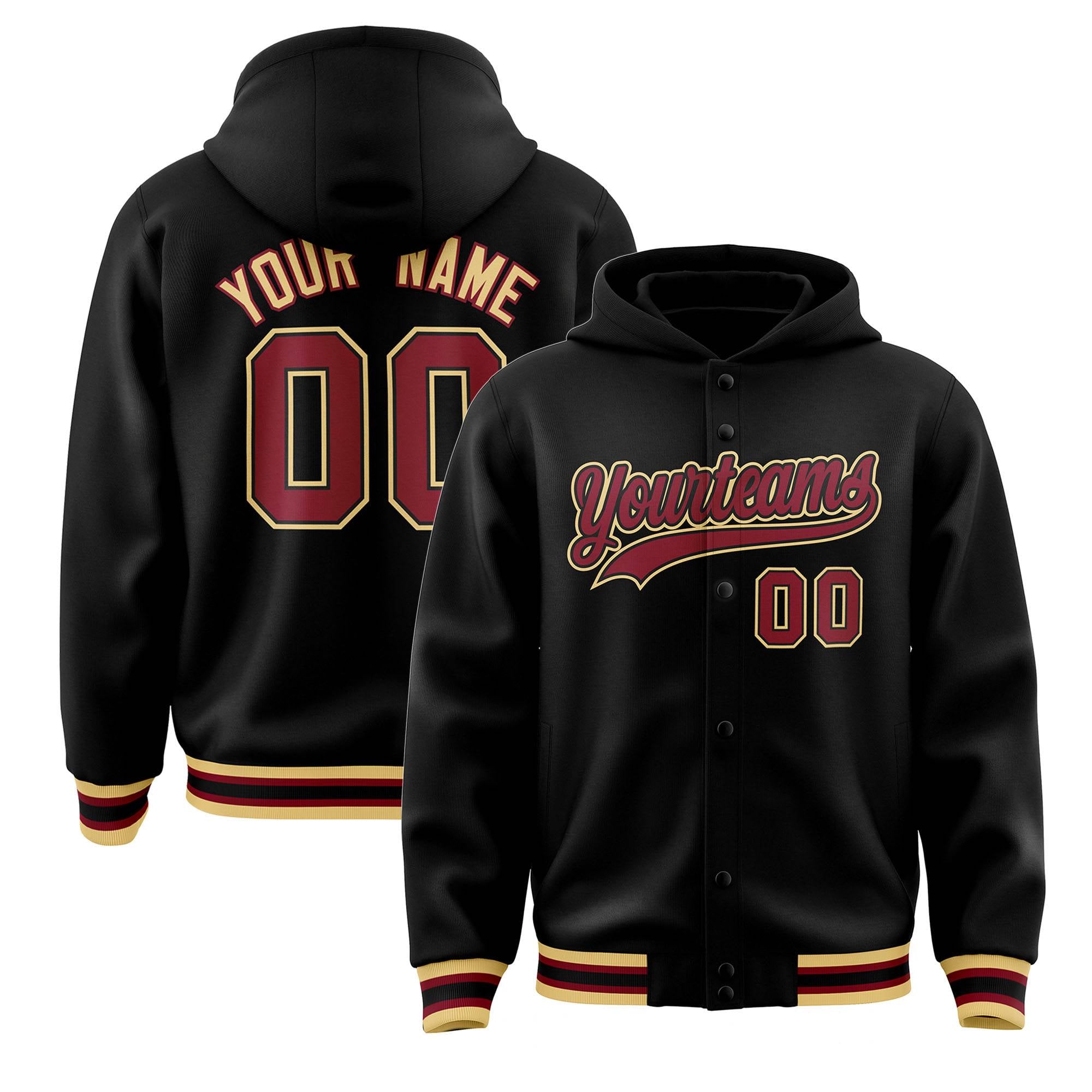 Custom Black Crimson-Black Varsity Full-Snap Letterman Classic Jacket Hoodie| KXKSHOP