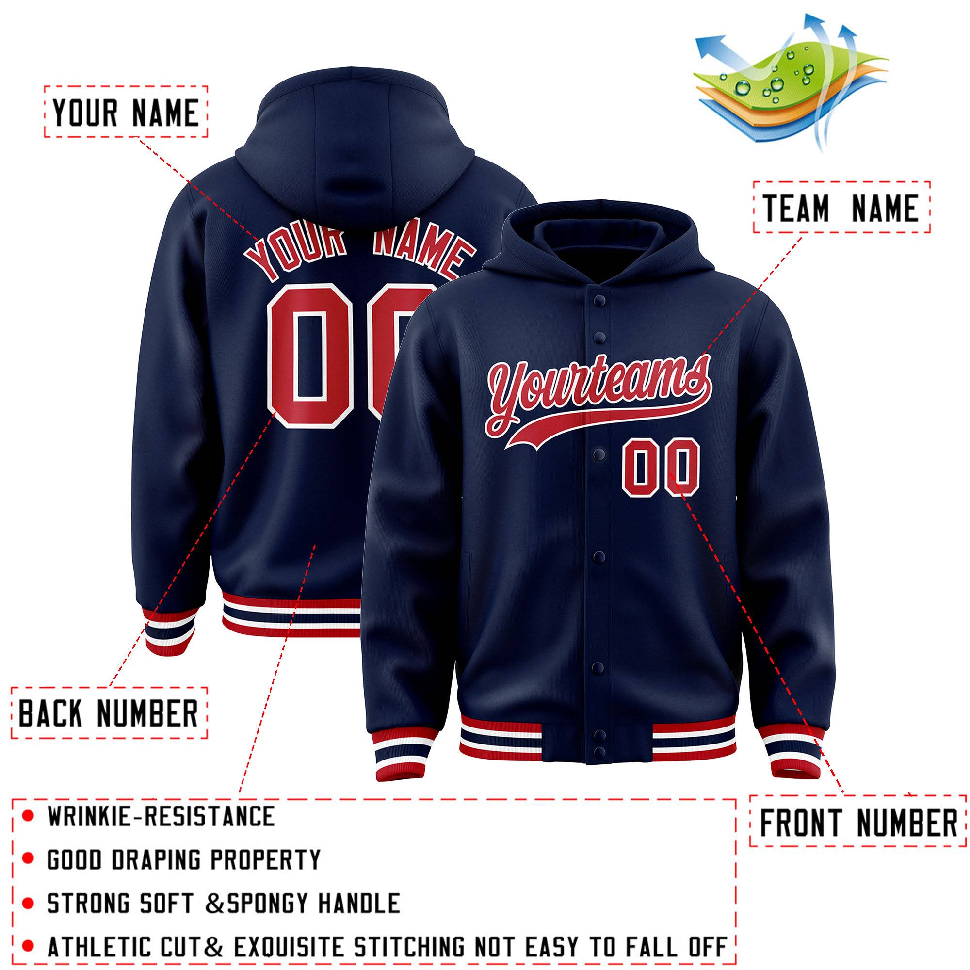 Custom Navy Red-White Varsity Full-Snap Letterman Classic Jacket Hoodie| KXKSHOP