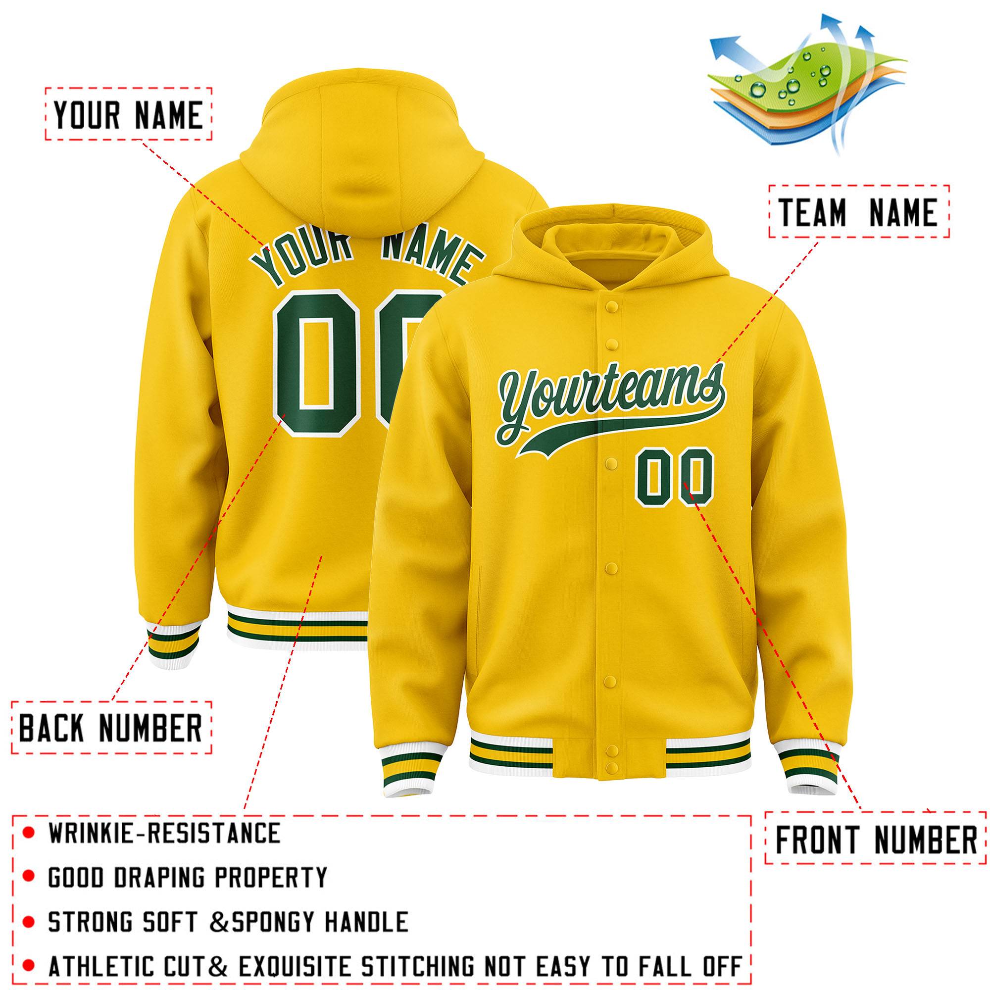 Custom Gold Green-White Varsity Full-Snap Letterman Classic Jacket Hoodie| KXKSHOP