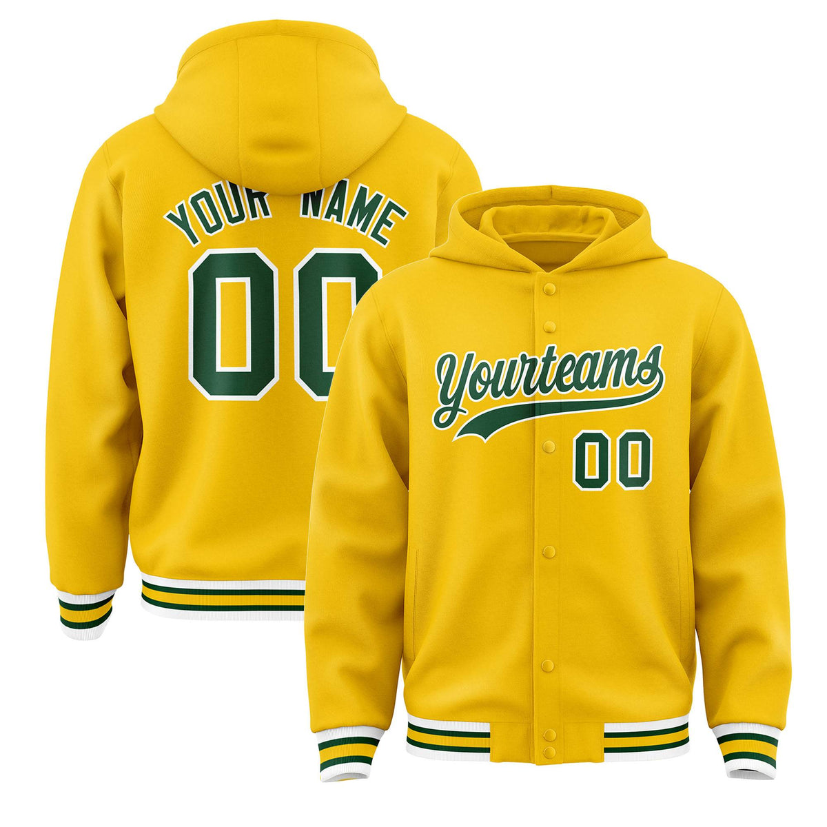 Custom Gold Green-White Varsity Full-Snap Letterman Classic Jacket Hoodie| KXKSHOP