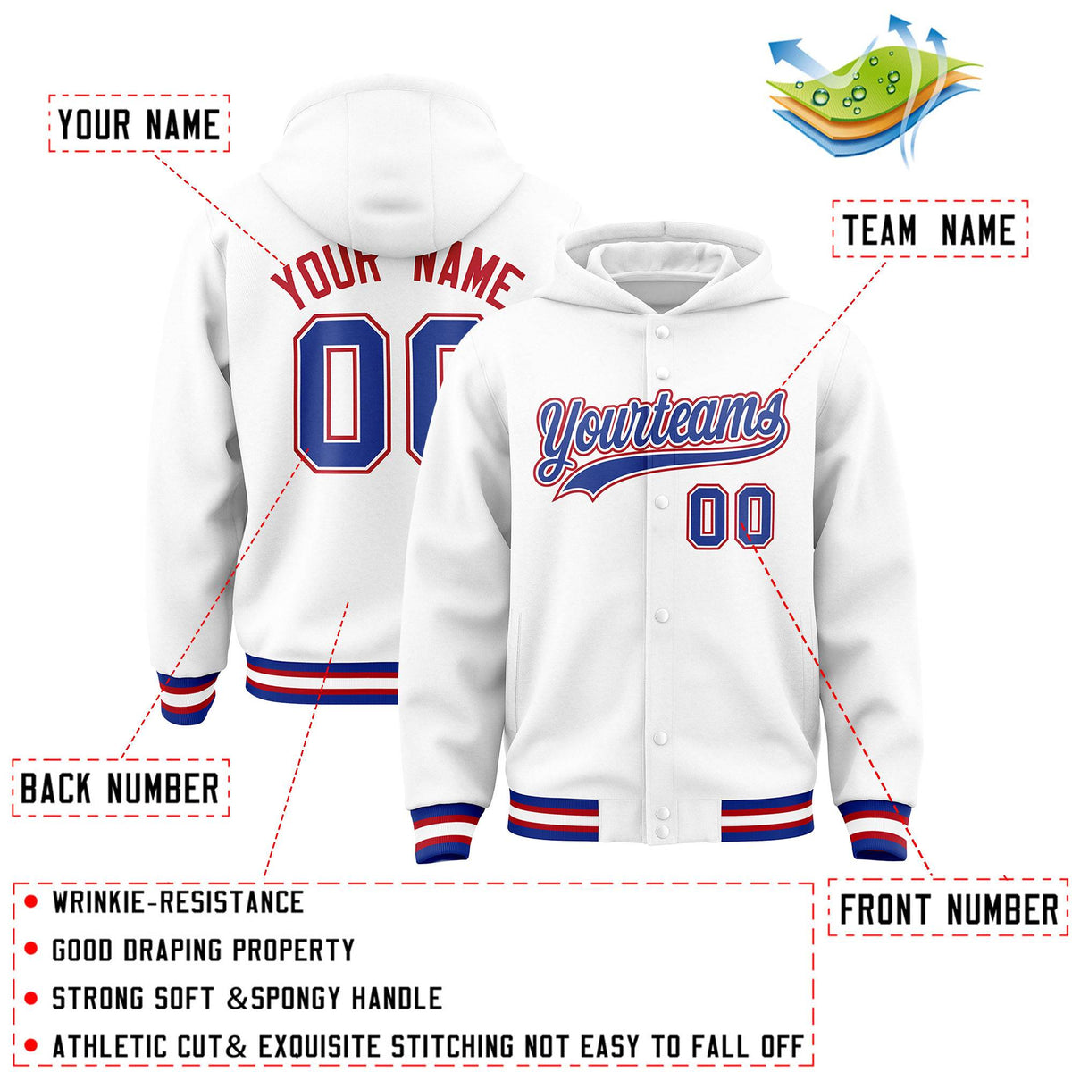 Custom White Royal-White Varsity Full-Snap Letterman Classic Jacket Hoodie| KXKSHOP