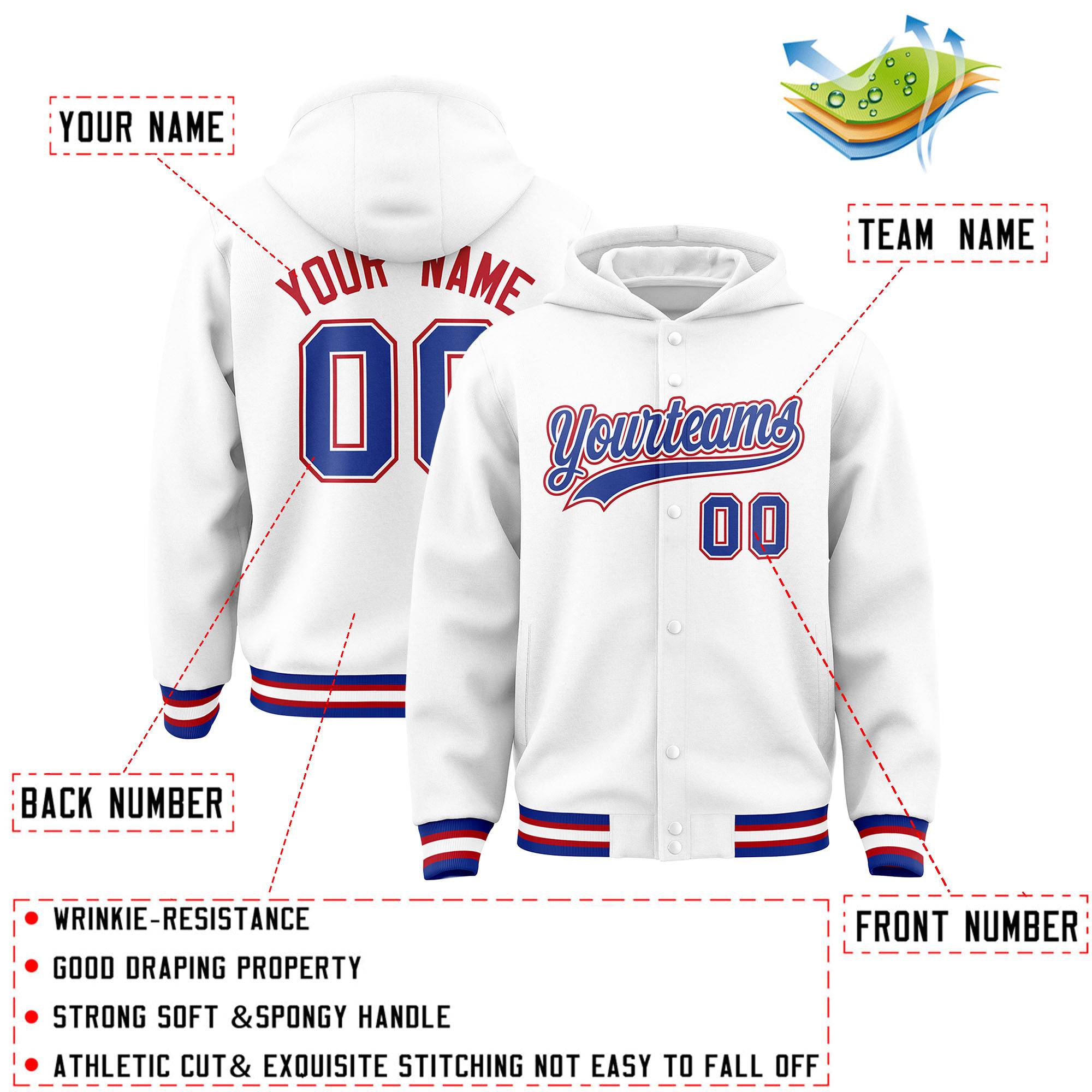 Custom White Royal-White Varsity Full-Snap Letterman Classic Jacket Hoodie| KXKSHOP
