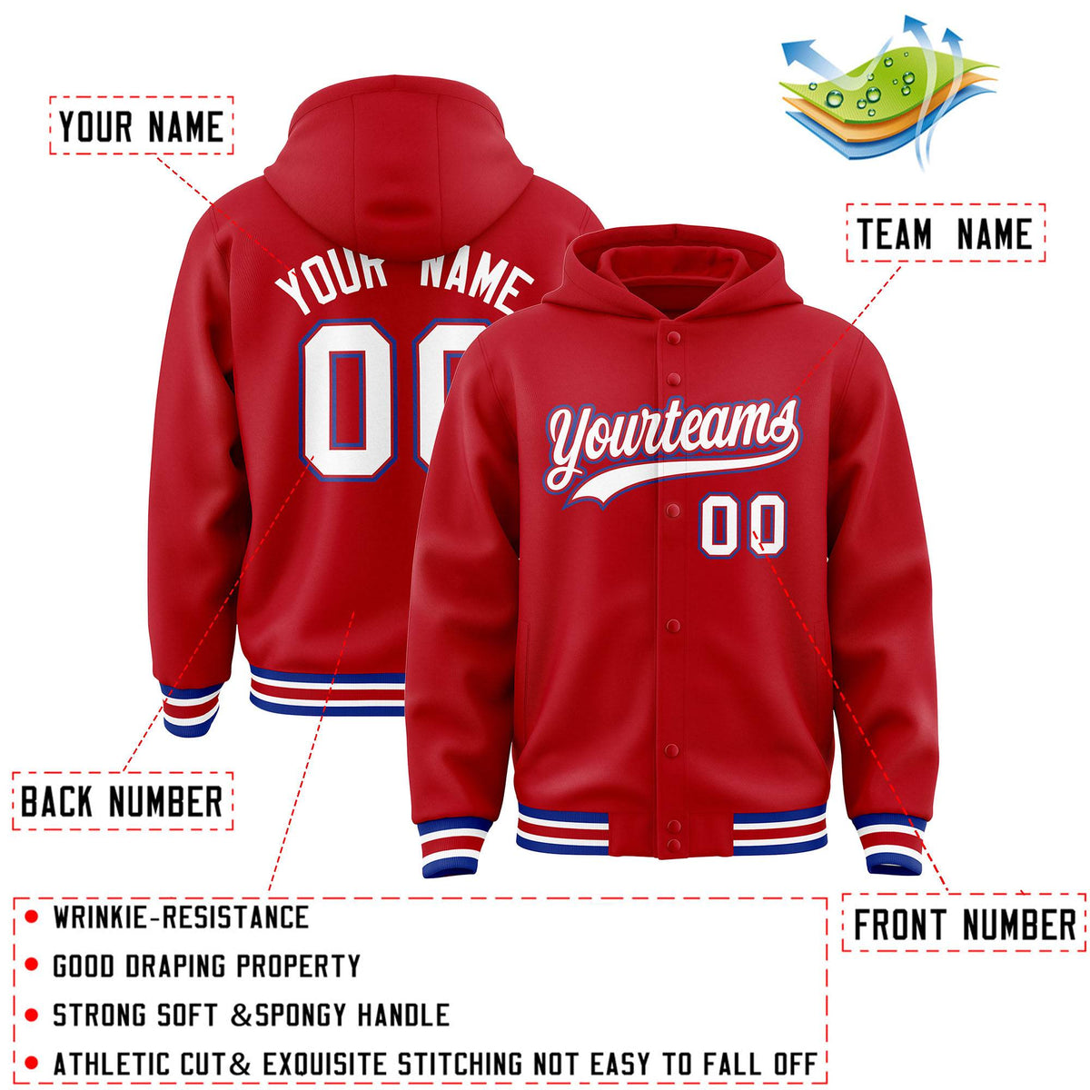 Custom Red White-Red Varsity Full-Snap Letterman Classic Jacket Hoodie| KXKSHOP