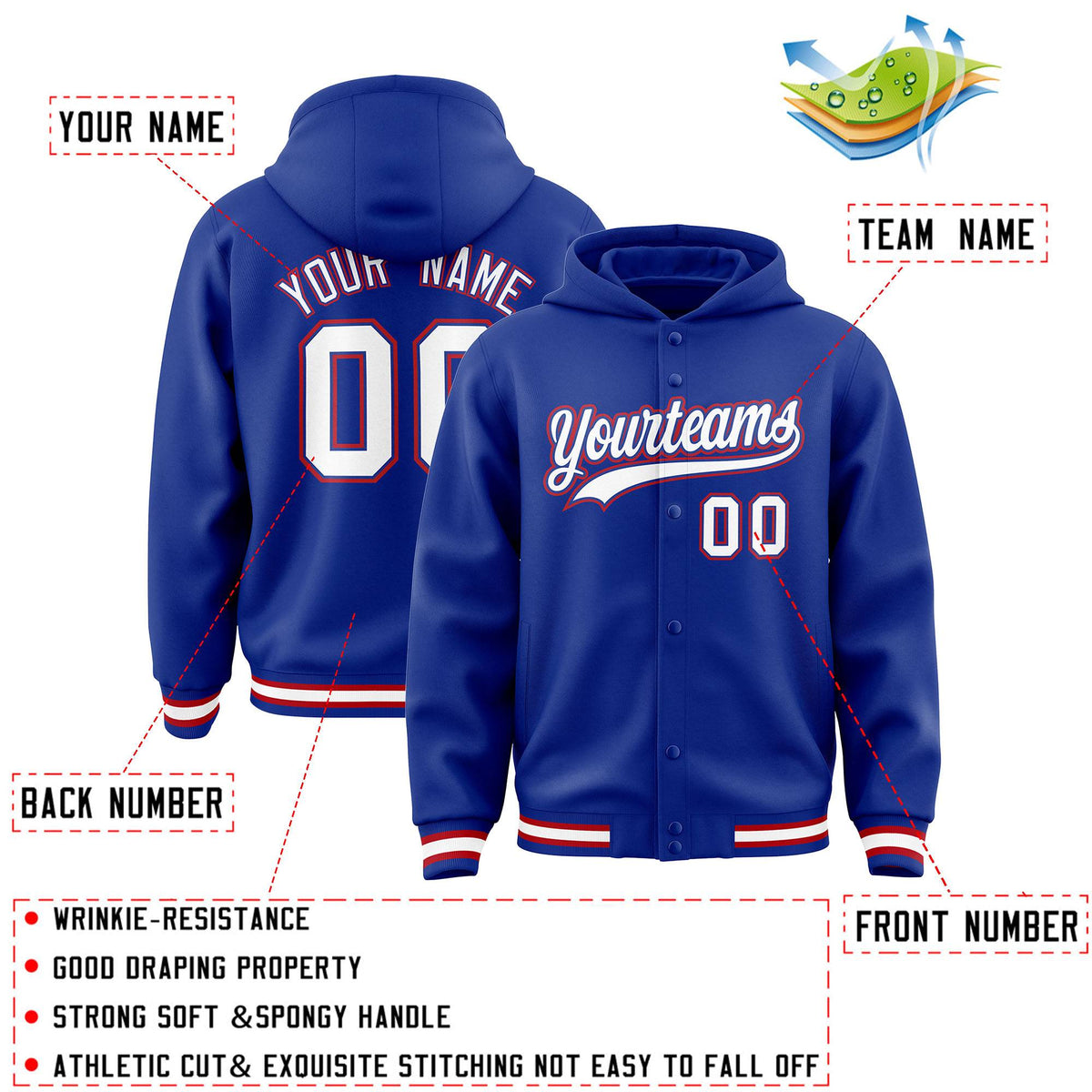 Custom Royal White-Royal Varsity Full-Snap Letterman Classic Jacket Hoodie| KXKSHOP