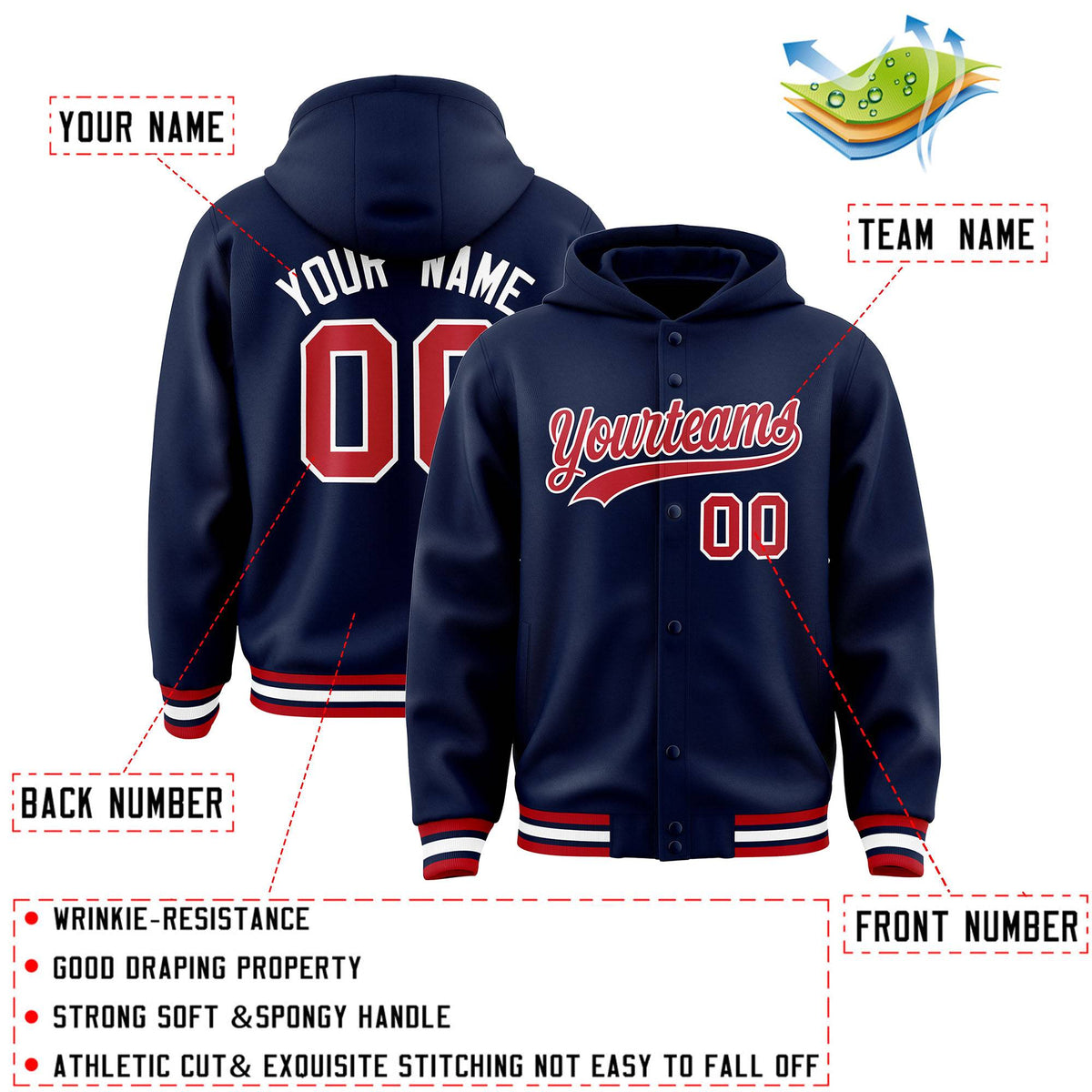 Custom Navy Red-White Varsity Full-Snap Letterman Classic Jacket Hoodie| KXKSHOP