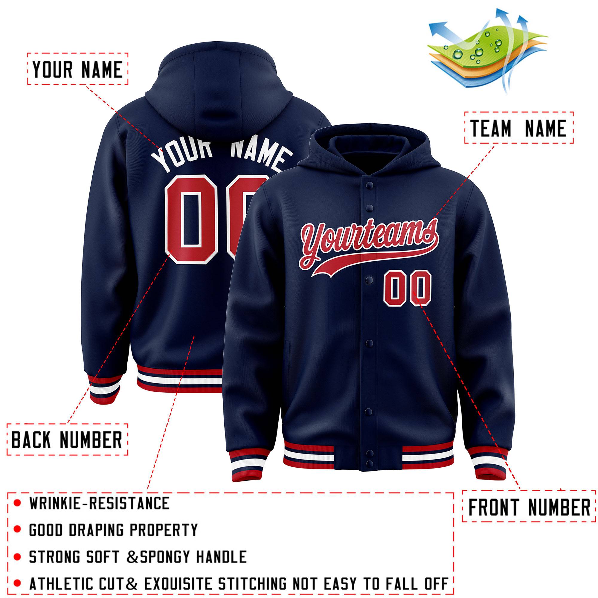 Custom Navy Red-White Varsity Full-Snap Letterman Classic Jacket Hoodie| KXKSHOP