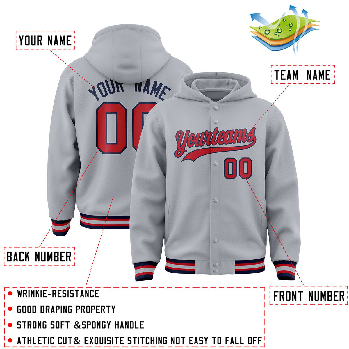 Custom Gray Red-Navy Varsity Full-Snap Letterman Classic Jacket Hoodie| KXKSHOP