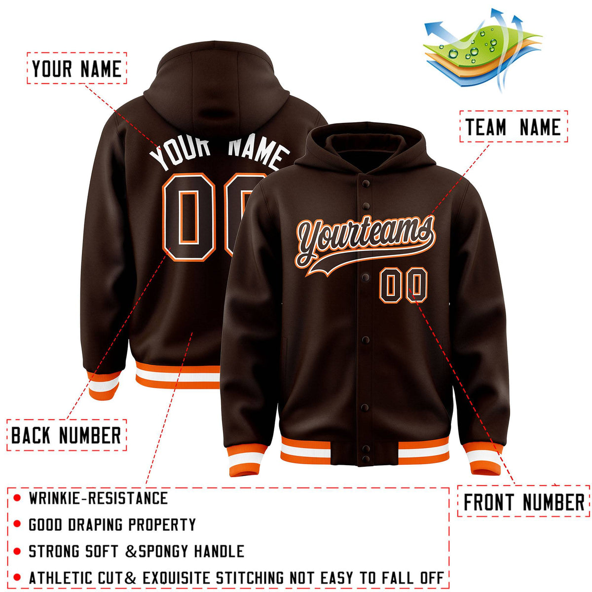 Custom Brown Brown-White Varsity Full-Snap Letterman Classic Jacket Hoodie| KXKSHOP