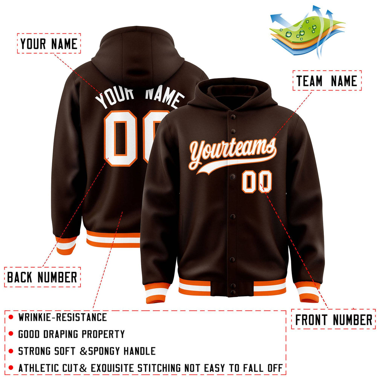 Custom Brown White-Orange Varsity Full-Snap Letterman Classic Jacket Hoodie| KXKSHOP