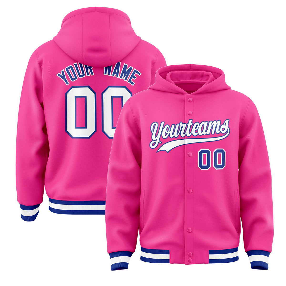 Custom Pink White-Royal Varsity Full-Snap Letterman Classic Jacket Hoodie| KXKSHOP