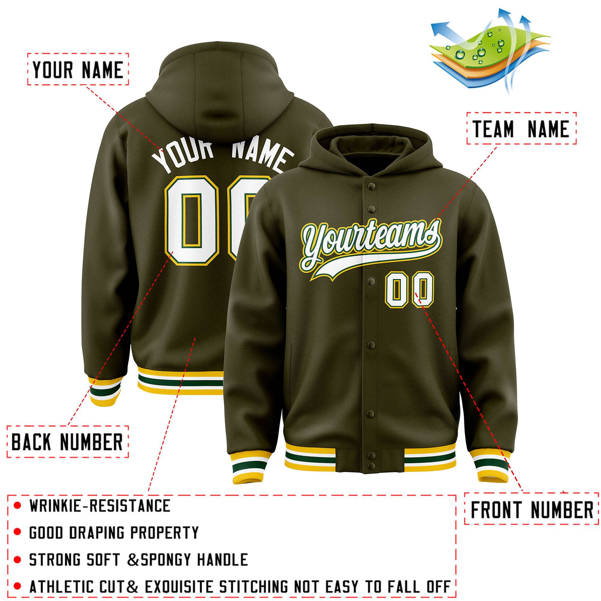 Custom Olive White-Green Varsity Full-Snap Letterman Classic Jacket Hoodie| KXKSHOP