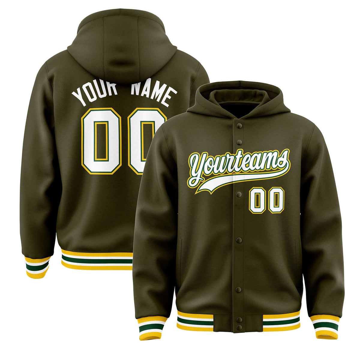Custom Olive White-Green Varsity Full-Snap Letterman Classic Jacket Hoodie| KXKSHOP