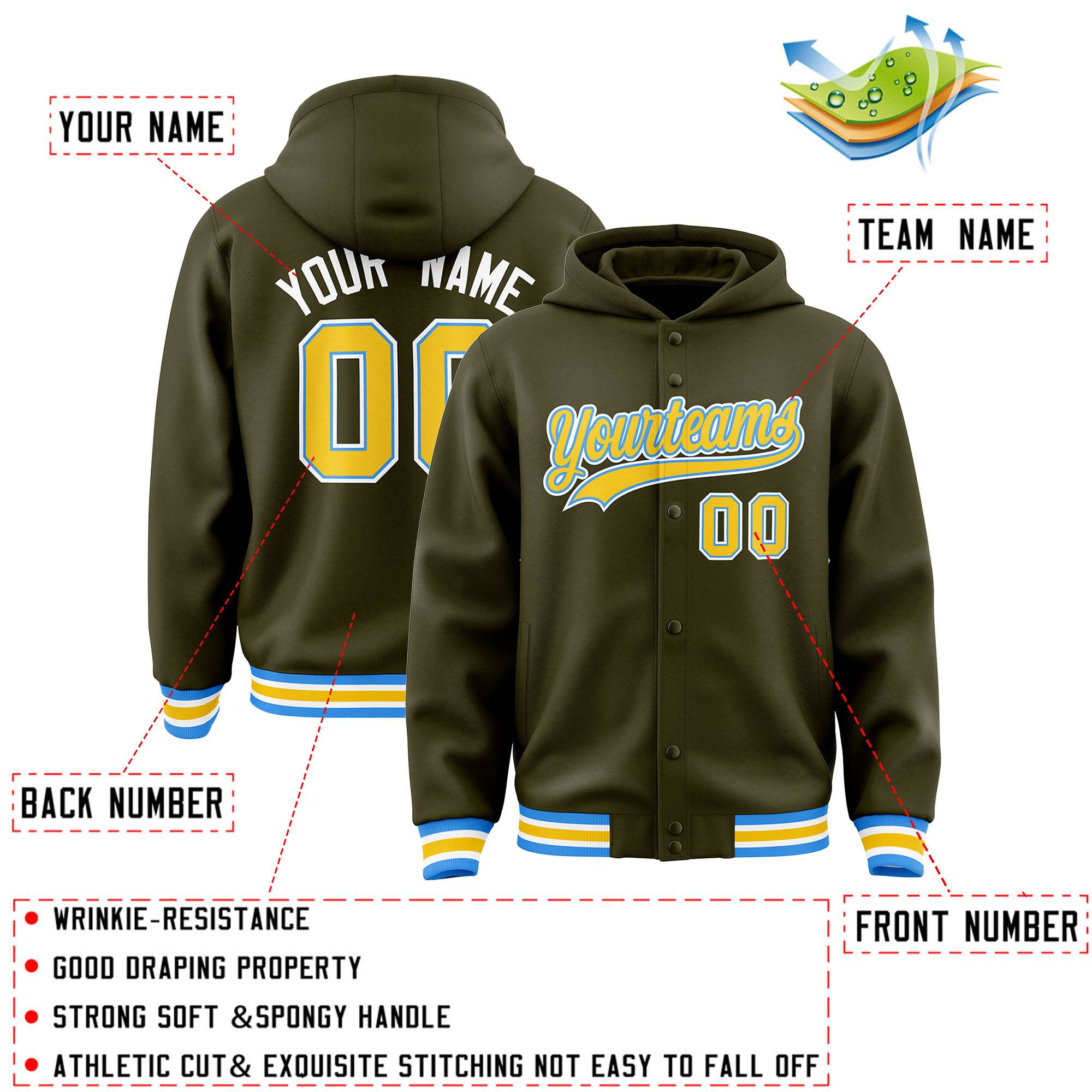 Custom Olive Gold-Powder Blue Varsity Full-Snap Letterman Classic Jacket Hoodie| KXKSHOP