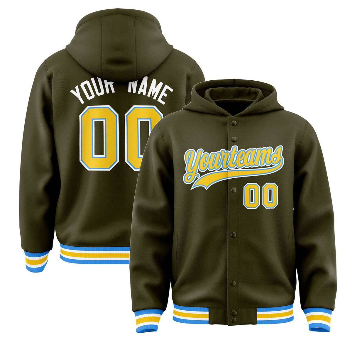 Custom Olive Gold-Powder Blue Varsity Full-Snap Letterman Classic Jacket Hoodie| KXKSHOP
