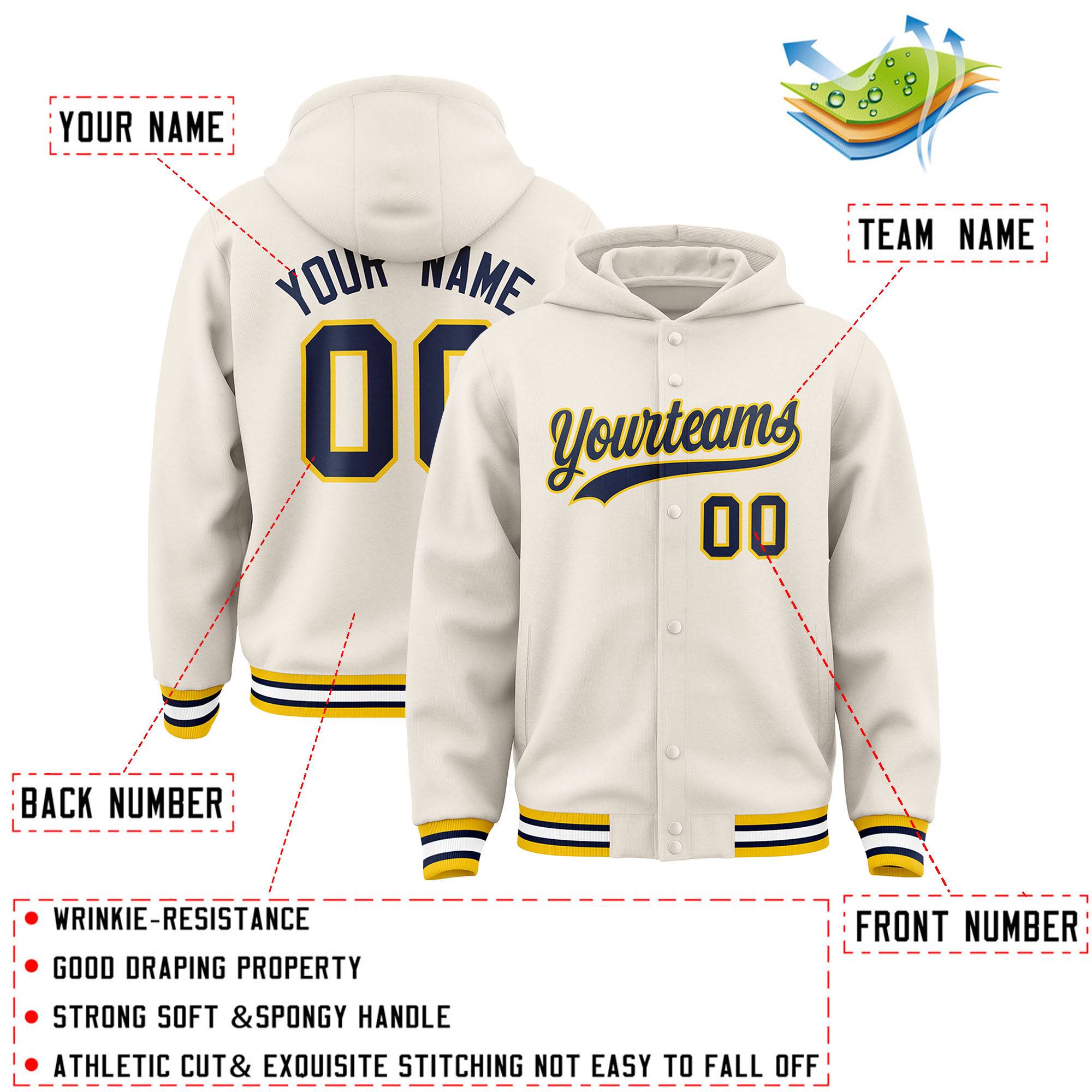Custom Cream Navy-Gold Varsity Full-Snap Letterman Classic Jacket Hoodie| KXKSHOP