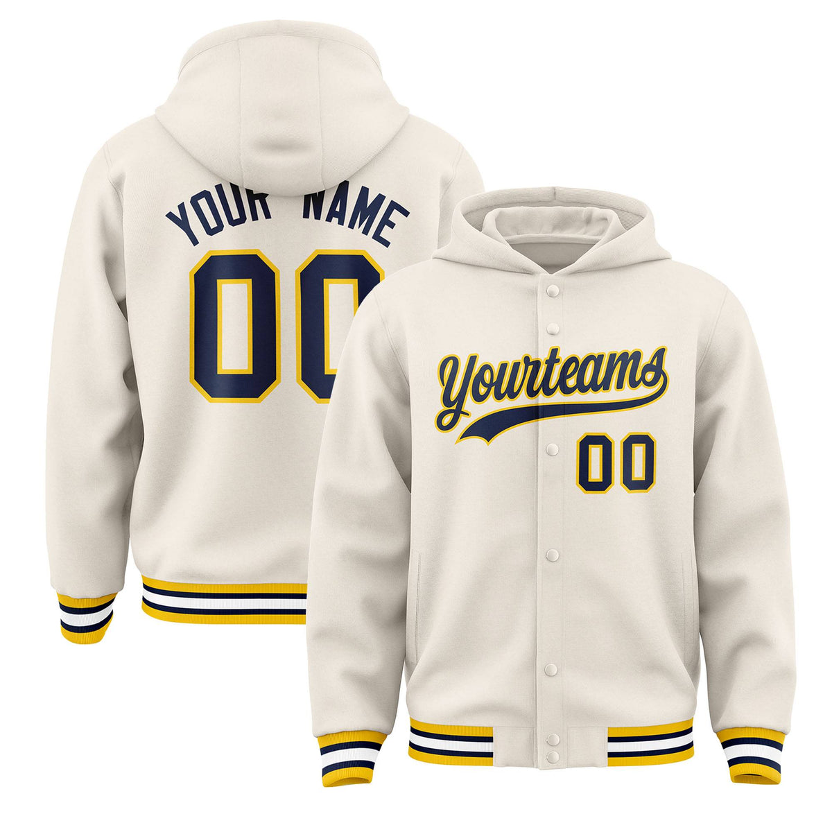 Custom Cream Navy-Gold Varsity Full-Snap Letterman Classic Jacket Hoodie| KXKSHOP