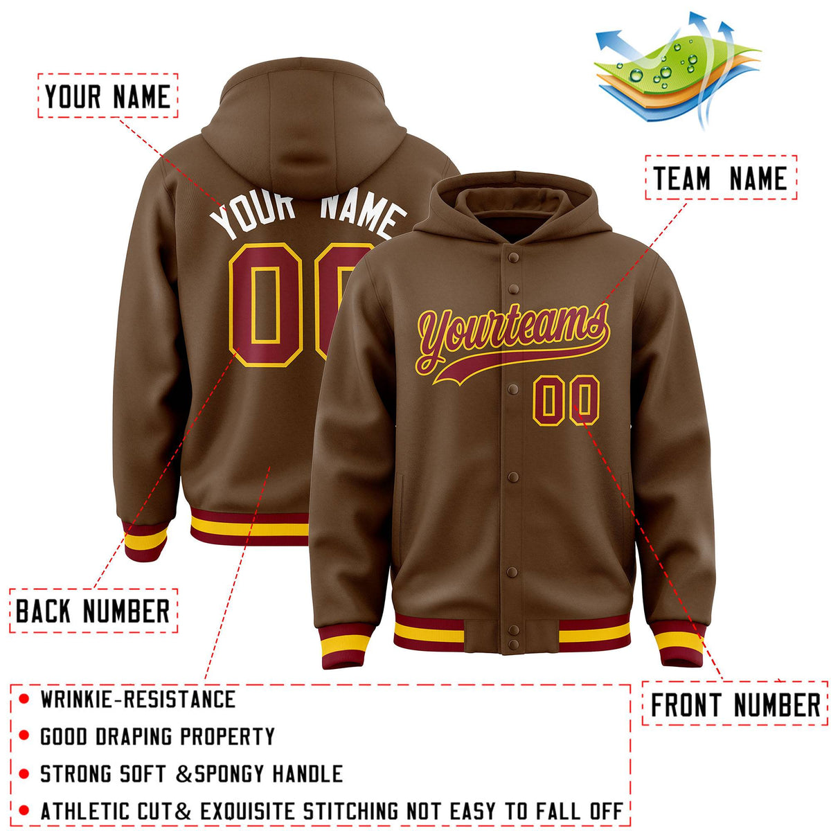 Custom Light Brown Crimson-Gold Varsity Full-Snap Letterman Classic Jacket Hoodie| KXKSHOP