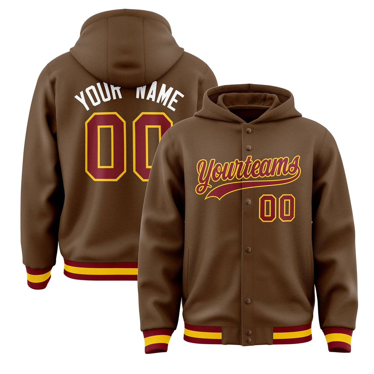 Custom Light Brown Crimson-Gold Varsity Full-Snap Letterman Classic Jacket Hoodie| KXKSHOP