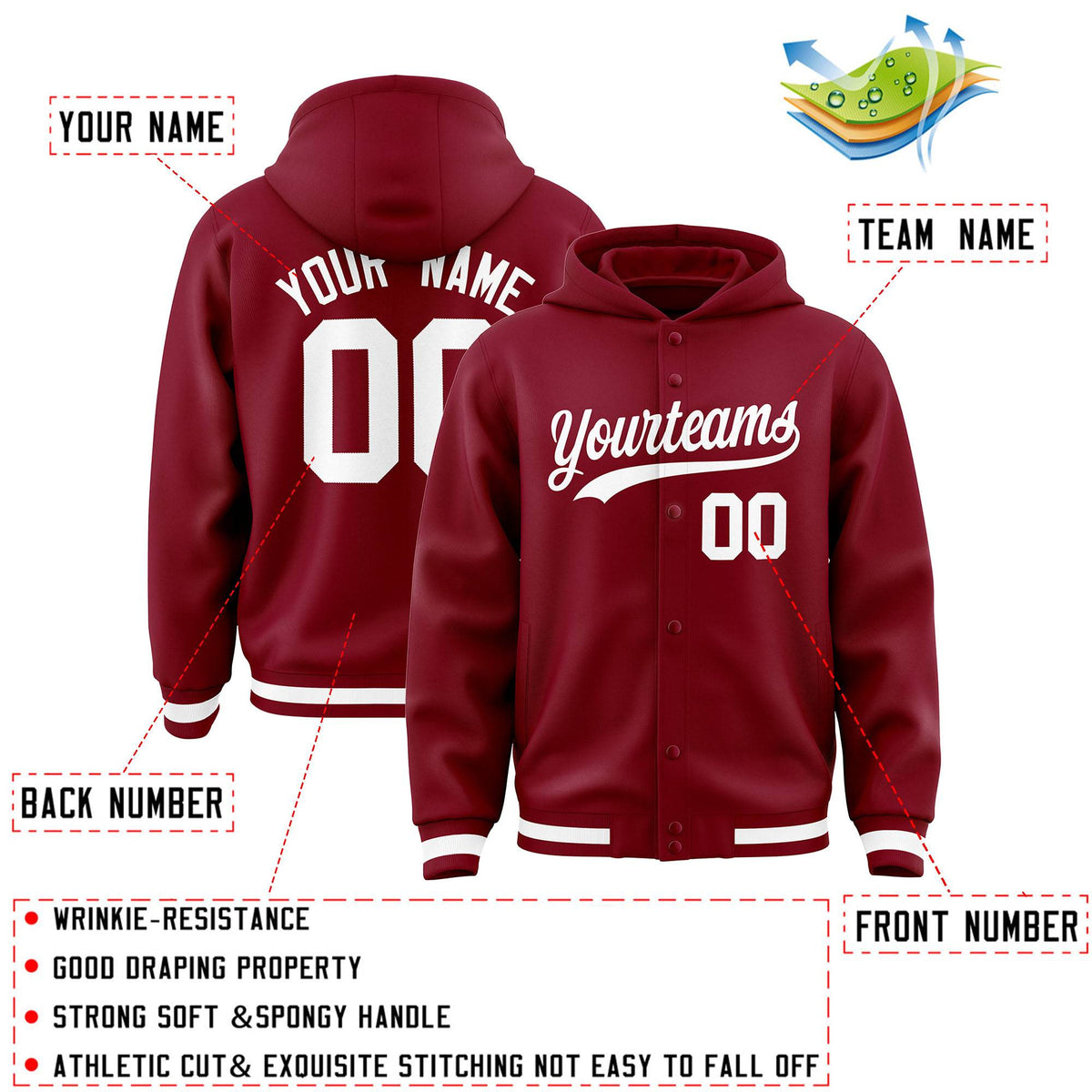 Custom Crimson White Varsity Full-Snap Letterman Classic Jacket Hoodie| KXKSHOP